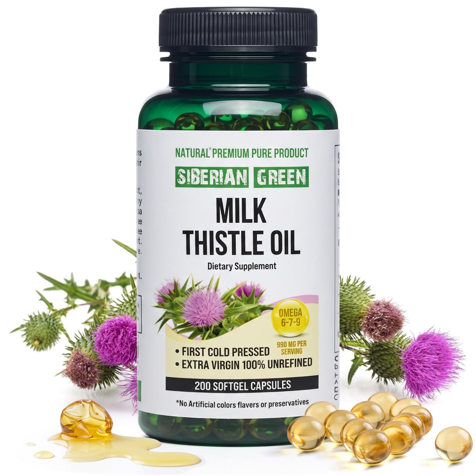 Siberian Green Milk Thistle Oil Capsules 200 Softgels Wild Harvested Siberia Altai Cold Pressed Unrefined