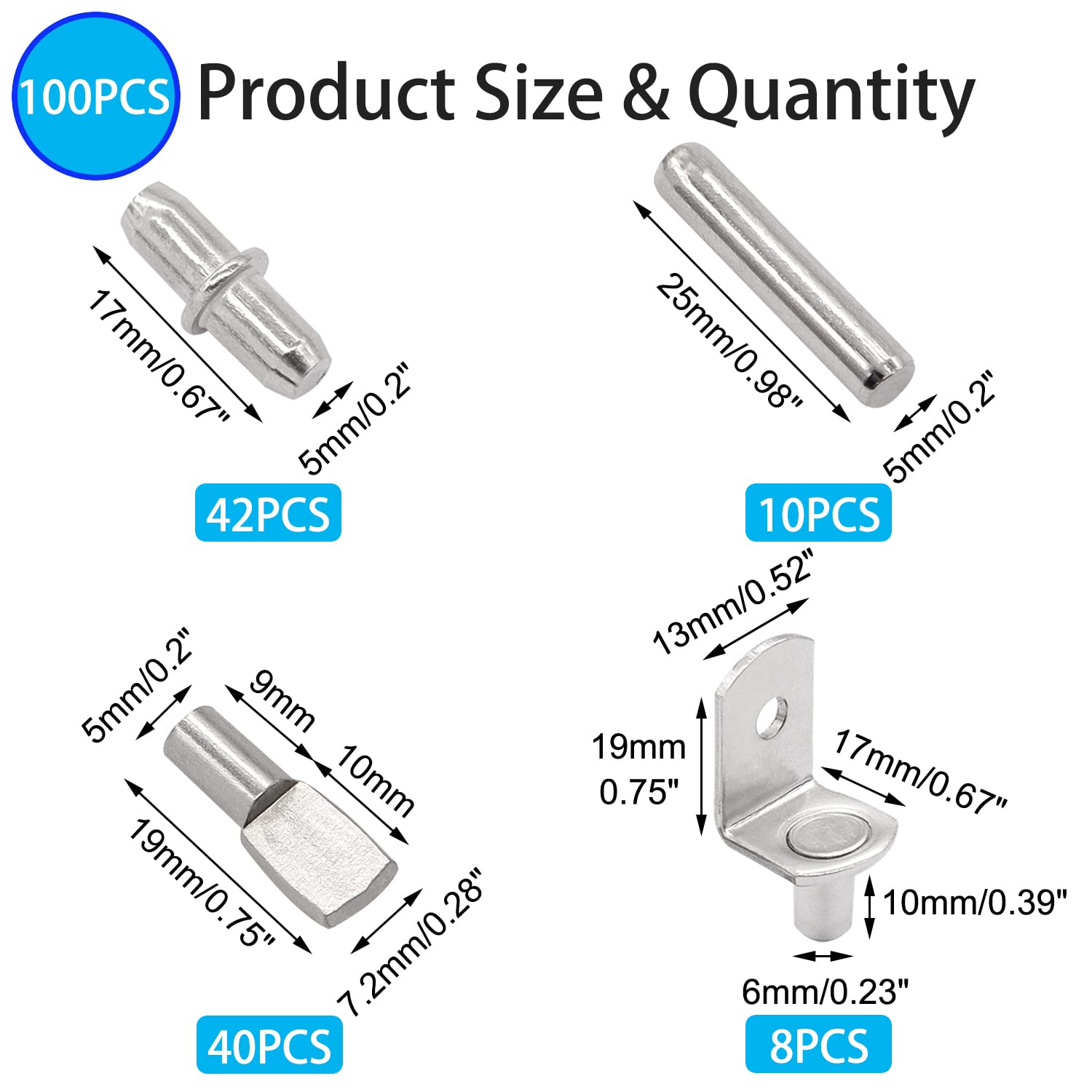 100PCS 4 Styles Shelf Pins Kit - Nickel Plated Shelf Bracket Pegs & Shelf Support Pins,Dowel Pin and Shelf Holders for Shelves Cabinet Furniture Closet etc — Amazon image 2