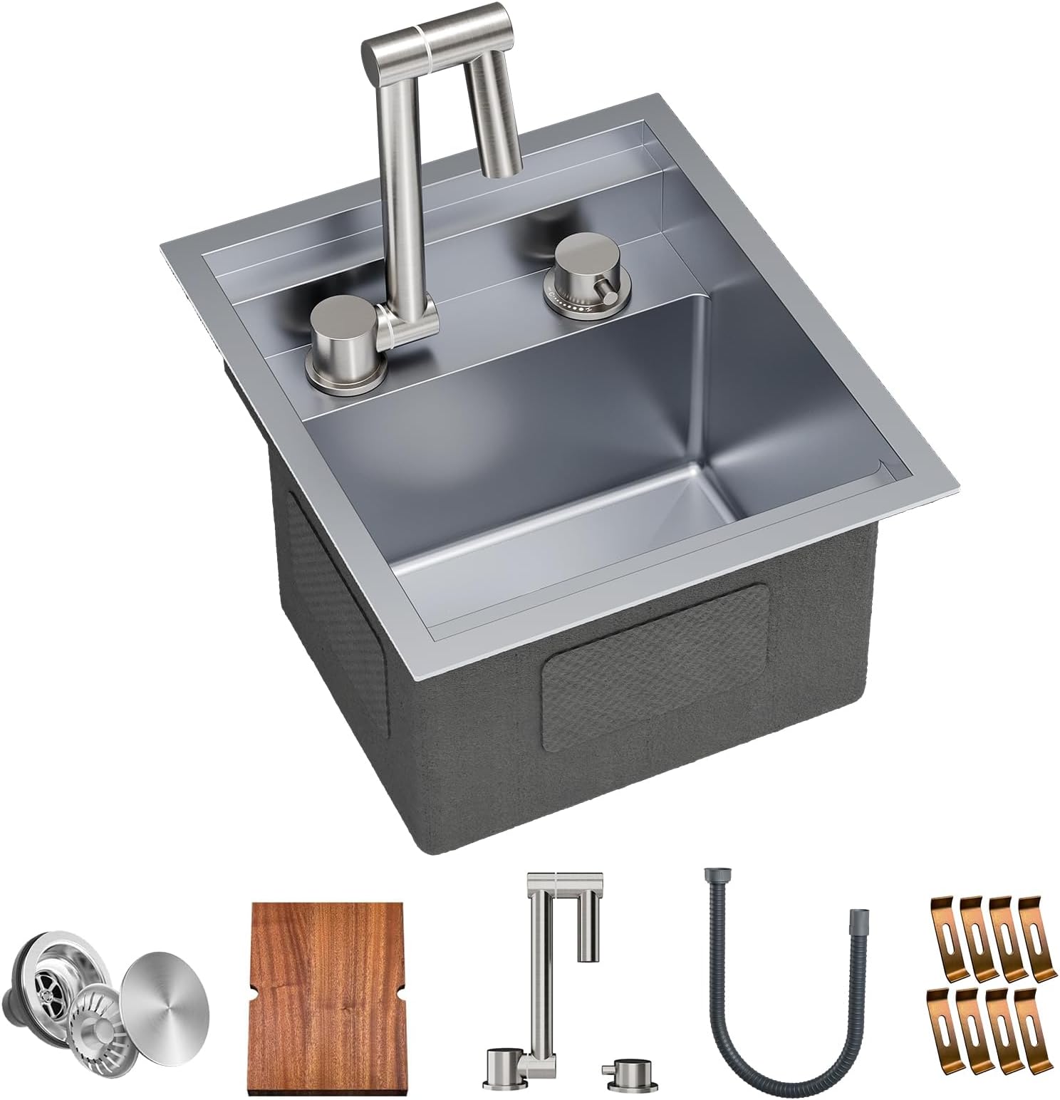 - RV Kitchen Sink, 13 x 15 x 9 Inch Undermount Bar Sink 16 Gauge Stainless Steel Single Bowl Sink with Faucet Cutting Board, Grey