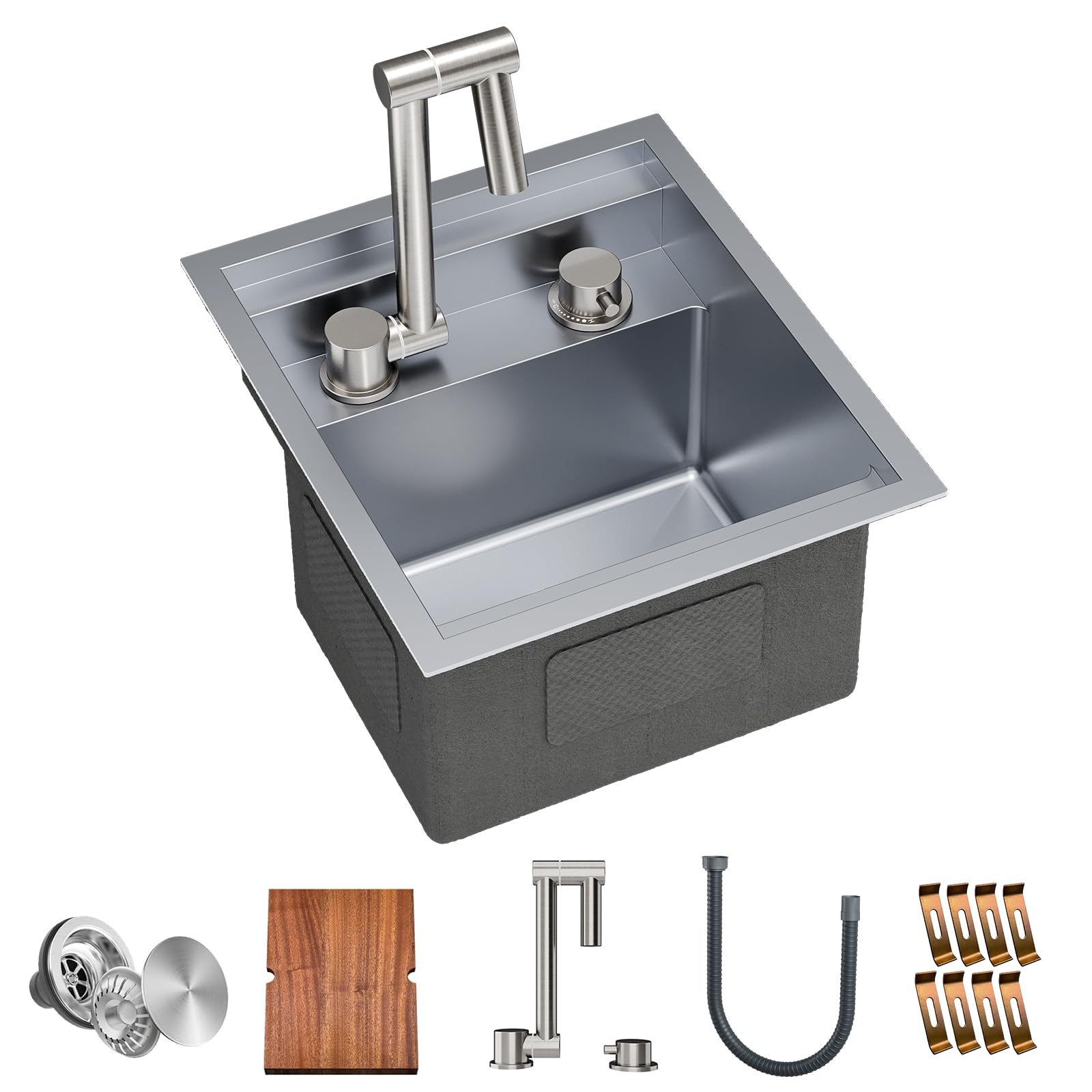 RV Kitchen Sink, 13 x 15 x 9 Inch Undermount Bar Sink 16 Gauge Stainless Steel Single Bowl Sink with Faucet Cutting Board, Grey