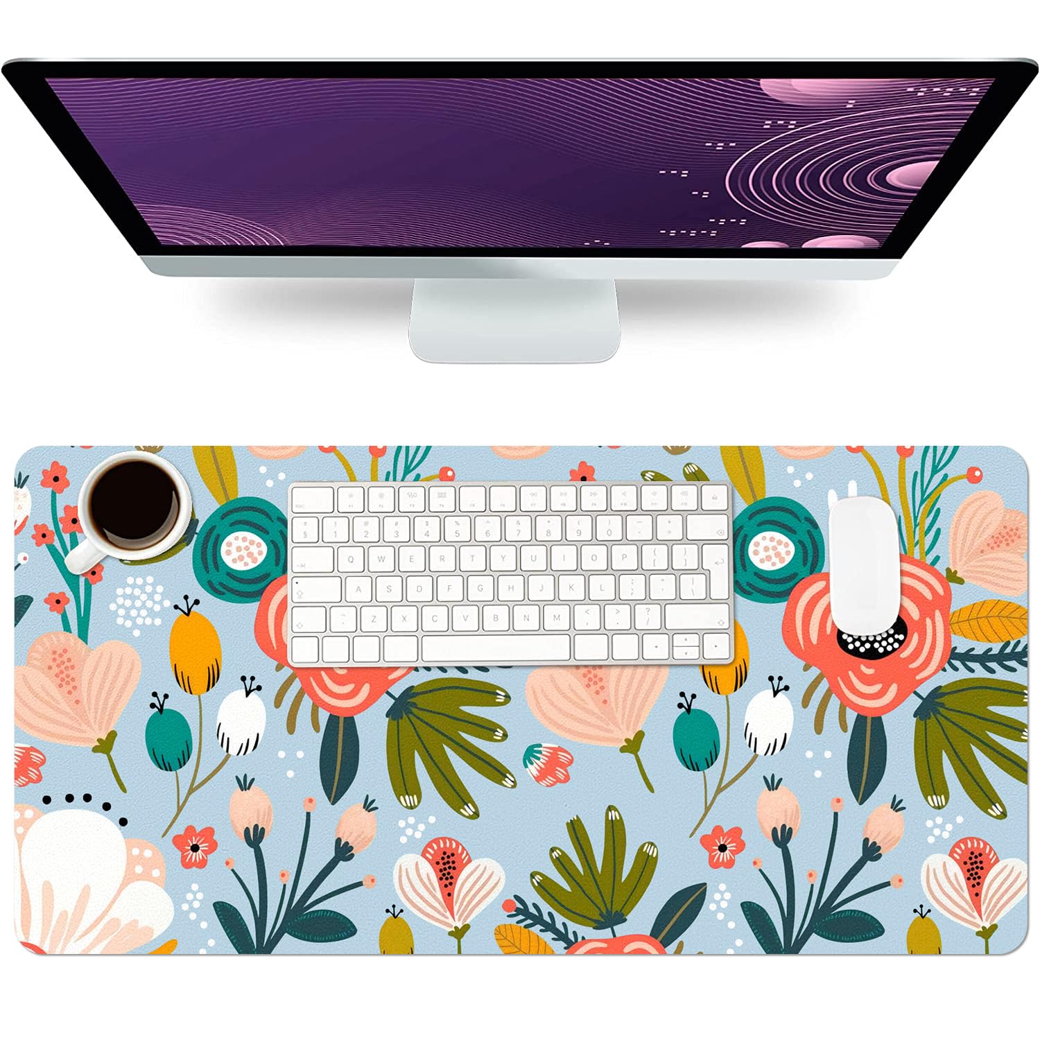 Desk Mat Large Protector Pad 23.6" ×11.8", Non-Slip PU Leather Desk Blotter, Waterproof Mouse Pad for Office Home Blue Floral