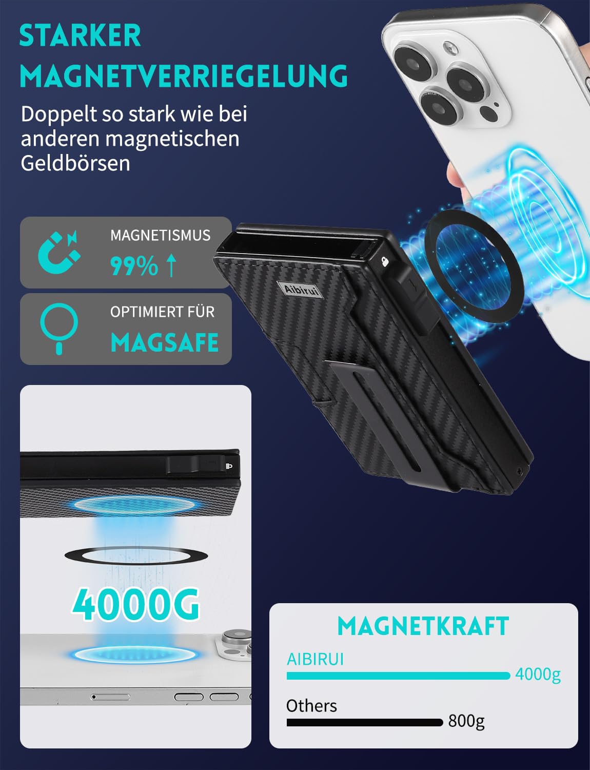 Portafoglio magnetico per cellulare, con 8 scomparti per carte di credito, protezione RFID da 4000 g, con clip per denaro, ultra sottile, per iPhone serie 17/16/15/14/13/12, Senza supporto, 11