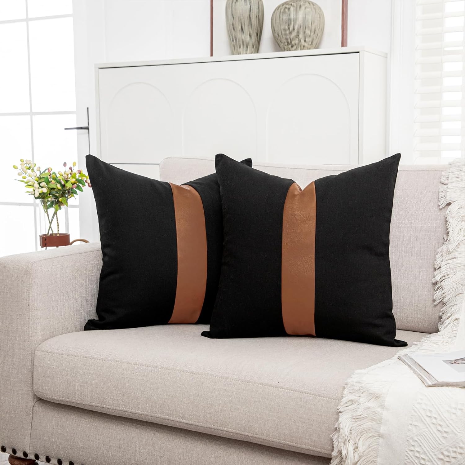 Set of 2 Black Decorative Throw Pillow Cover 20x20 Square Cushion Covers Farmhouse Rustic Pillow Case Modern Leather Pillow Cover for Sofa Couch Chair Bedroom Boho Decor