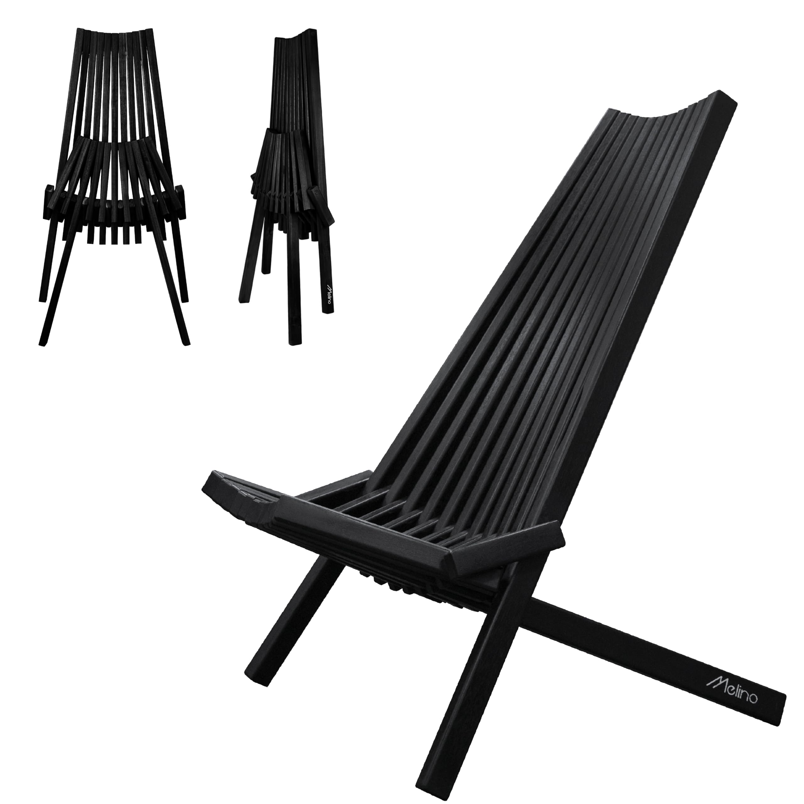 Melino Wooden Folding Tamarack Chairs, FSC Certified Acacia Low Profile Adirondack Chairs, Wood Folding Chair for Outdoor, Patio, Porch, Pool, Backyard, Garden, Balcony and Deck - Black - Single