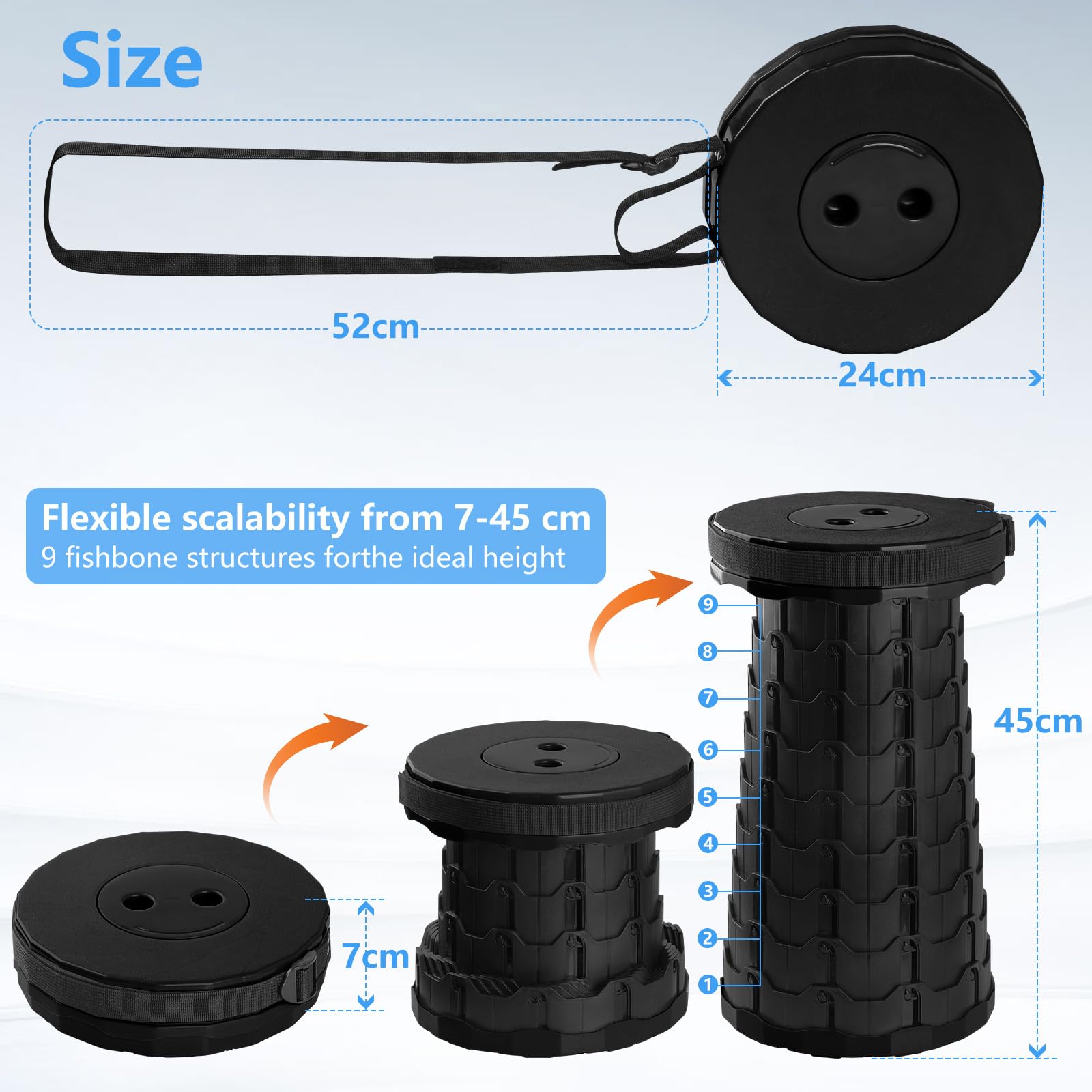 GeeRic Sgabello Pieghevole, Sgabello Telescopico+Sacca Zaino MAX Carico 500LB Regolabile in Altezza Portatile Sgabello da Campeggio Telescopico per Pesca BBQ Giardino Campeggio Viaggi Concerto Nero