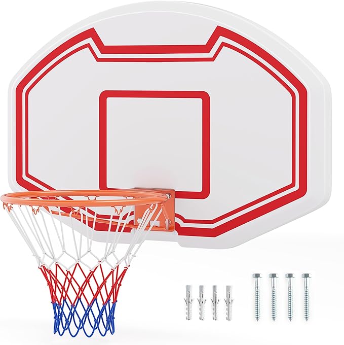 Image of Tabellone Basket a Muro Interno ed Esterno, Canestro da Basket a Parete con Tabellone Anti-Rottura da 91 x 61 cm, Rete Resistente e Cerchio Standard da 45 cm