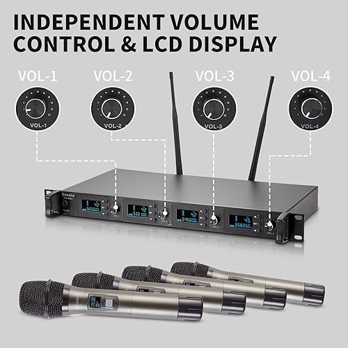 Miniatura 10 de Sistema de micrófono inalámbrico de solapa, 4 micrófonos Lavalier con UHF 4 canales 4 bodypack 4 auriculares micrófonos para karaoke, iglesia,