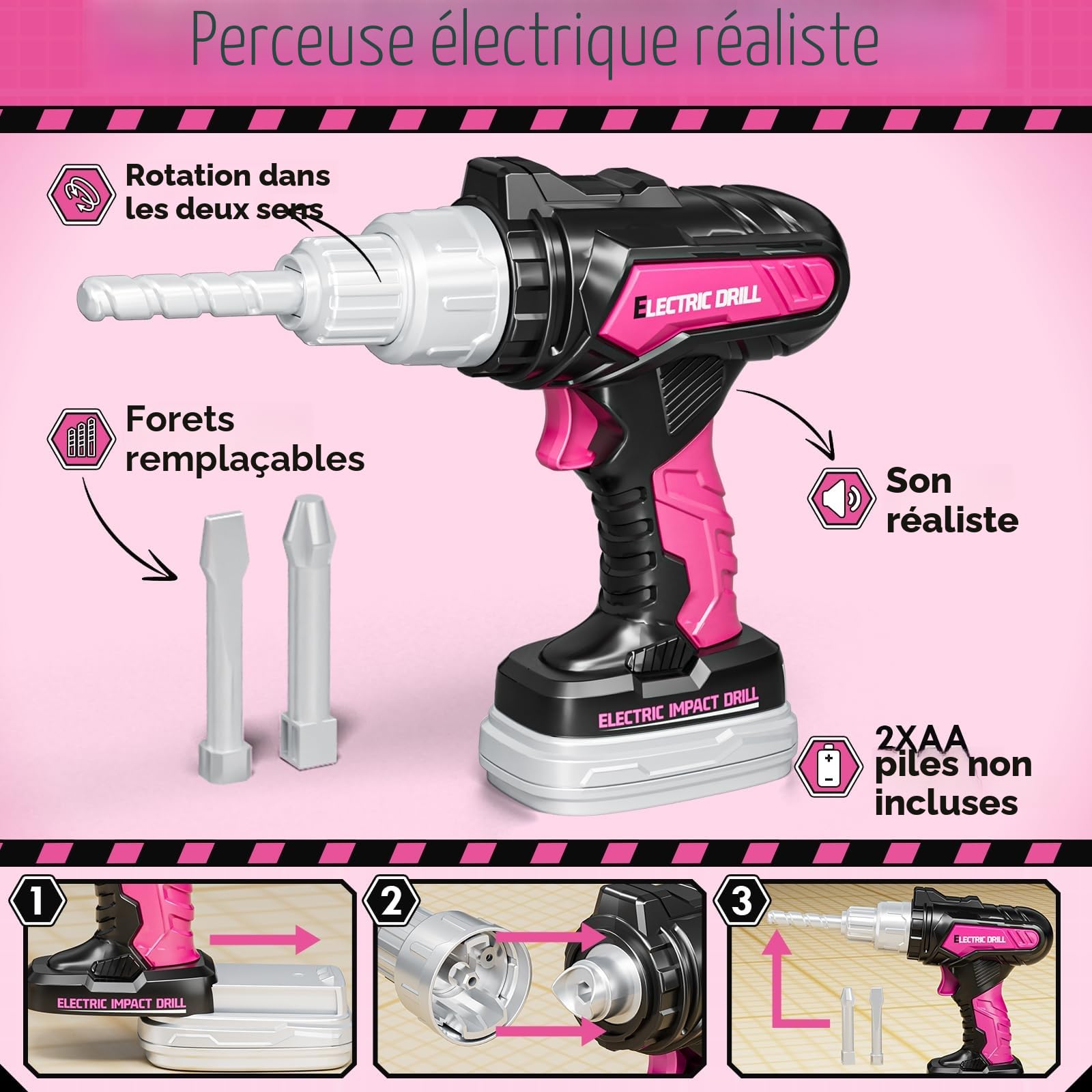 KidBloom Jouet Fille 3 Ans, Boite a Outils Enfant Rose avec Perceuse Électrique, Boîtes à Outils & Gilet, Jouet Enfant 3 4 5 Ans Fille