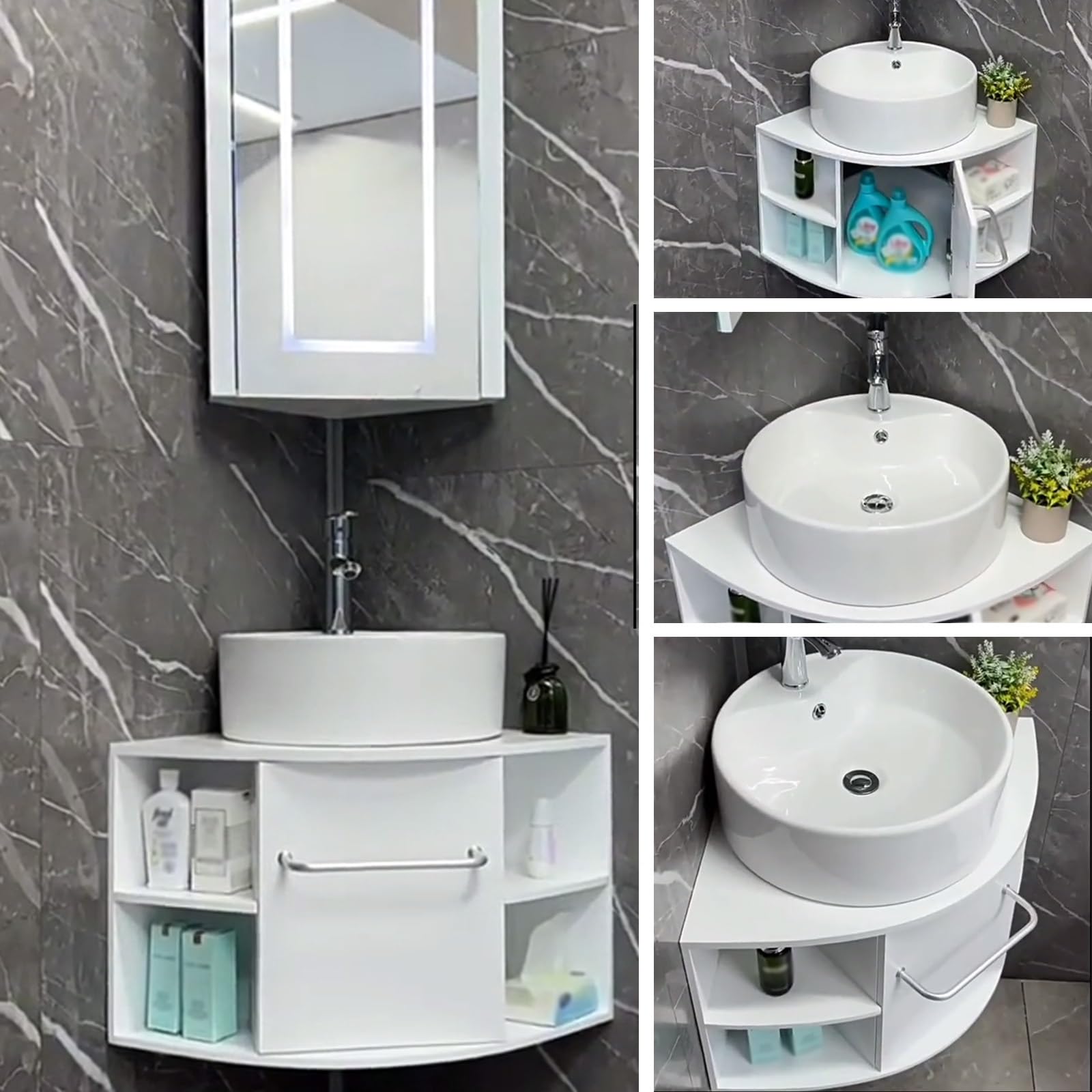 Mobile Bagno Sospeso con Lavabo, Mobile Specchio Bagno LED, Lavabo Tondo, Molto Spazio di Archiviazione, Mobile Angolare Bagno Sospeso, per Bagno(55CM)