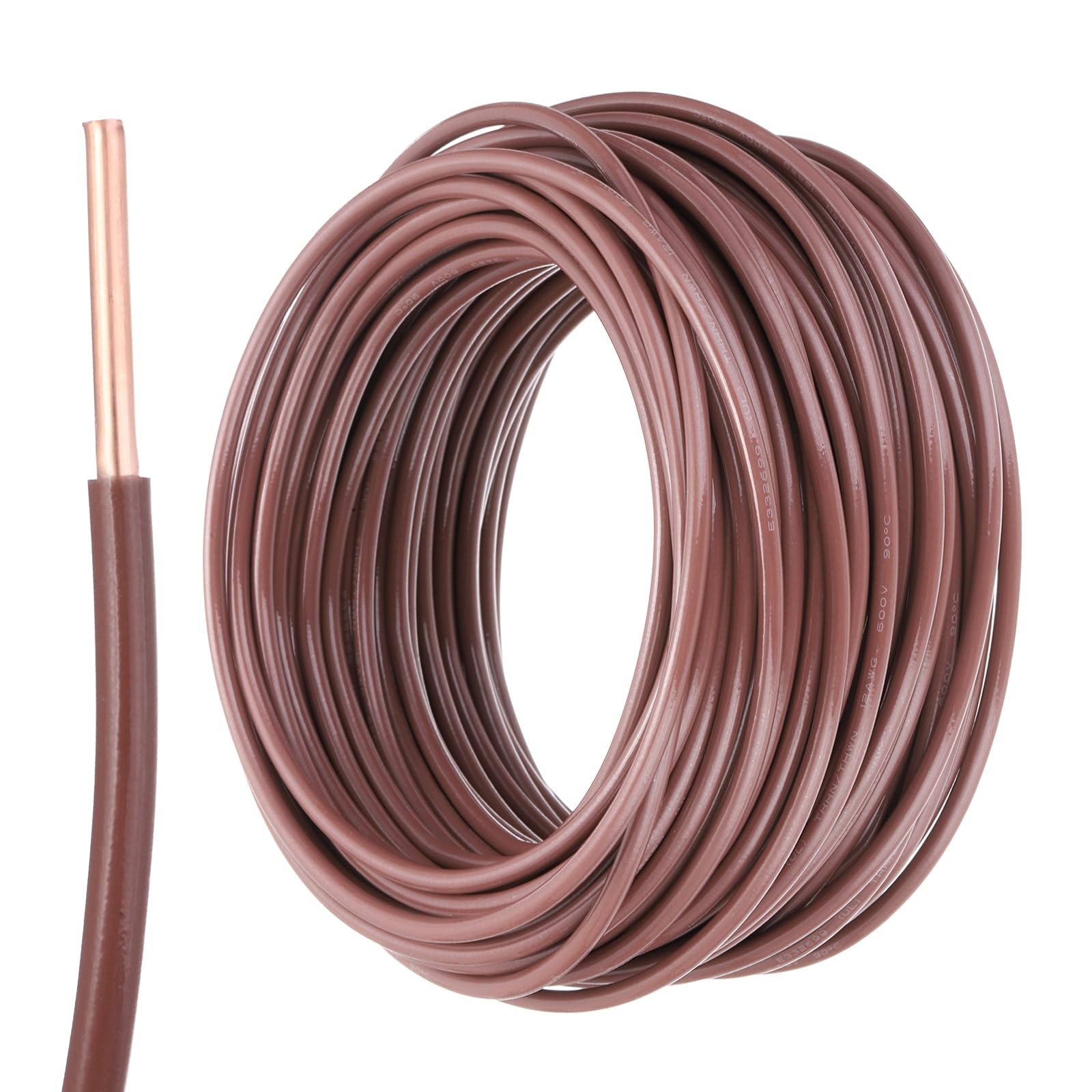 sourcing map Cable eléctrico de cobre sólido aislado de 100 pies, cable de conexión THHN residencial, industrial, conexión a tierra, clasificación eléctrica para 600 voltios, listado UL, marrón