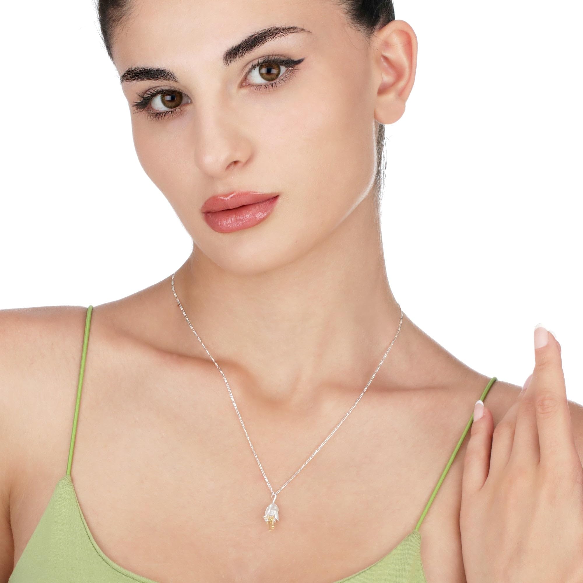 MadamLili - Glockenblume Bicolor 3D Silber Anhänger - 925 Sterling Echtsilber Vergoldet - Handgefertigt - Matt - Staubblätter Naturschmuck - Exklusive Schmuckbox