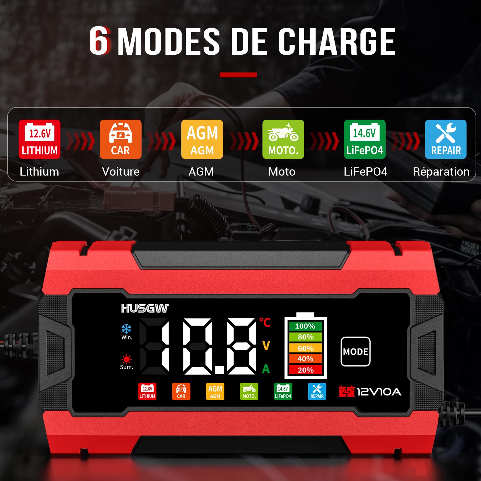 10A Chargeur de Batterie Voiture, 12V 10A LiFePO4 Chargeur Batterie pour Moto avec Réparation Automatisée, 6 Modes Maintien de Chargeur Batterie avec Écran LCD pour AGM/Gel/Wet/SLA