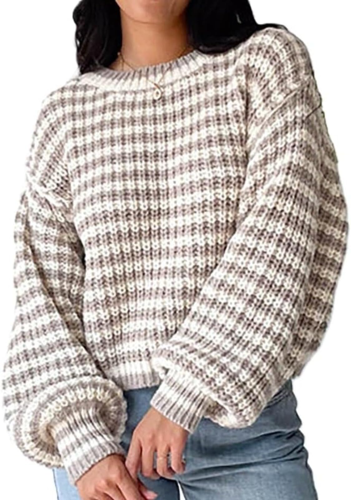 Women Y2k Argyle Striped Pullover Sweater Crewneck Striped Cute Color Block Fall Winter Knitted Pullover Tops