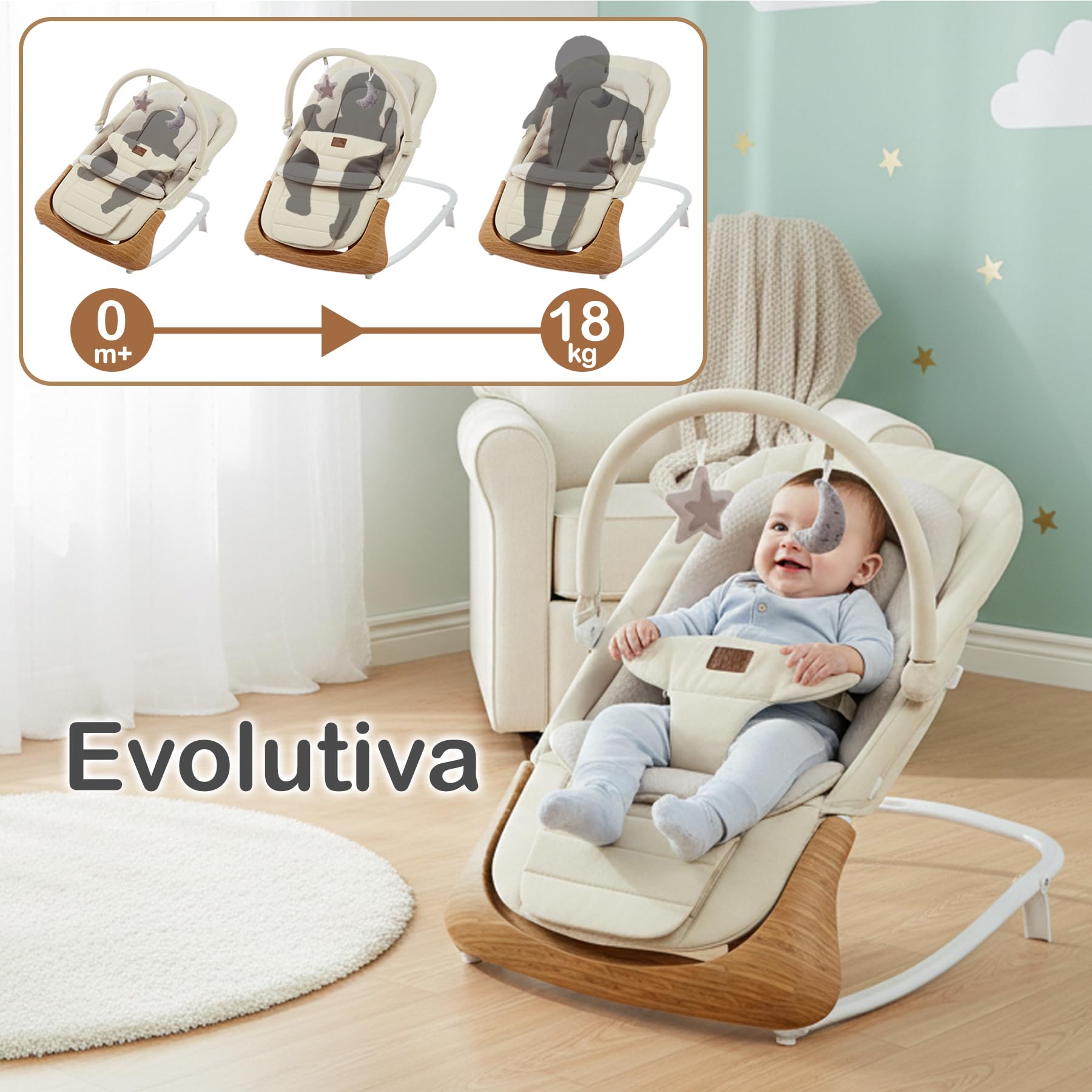 Twinly – Hamaca Bebé Evolutiva CUDDLY con Detección de Llanto y Vibración Automática | Columpio y Mecedora Ergonómica Plegable, Balanceo Recién Nacido 0+ m hasta 18 kg