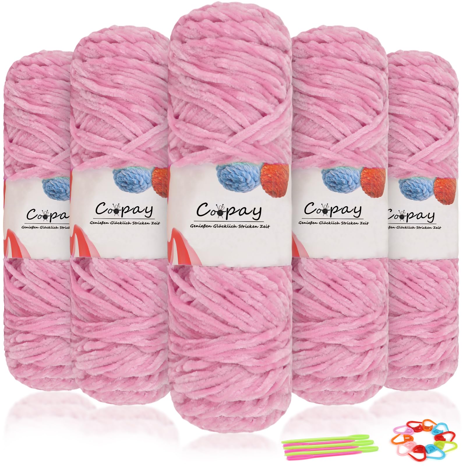 Coopay Samt Chenille Wolle, 500g (5x100g) Velvet Chenillegarn Wolle zum Häkeln, Flauschige Weicher Babywolle für Kinder, Samtig Chenillewolle mit Häkelzubehör für Puppen, Schals