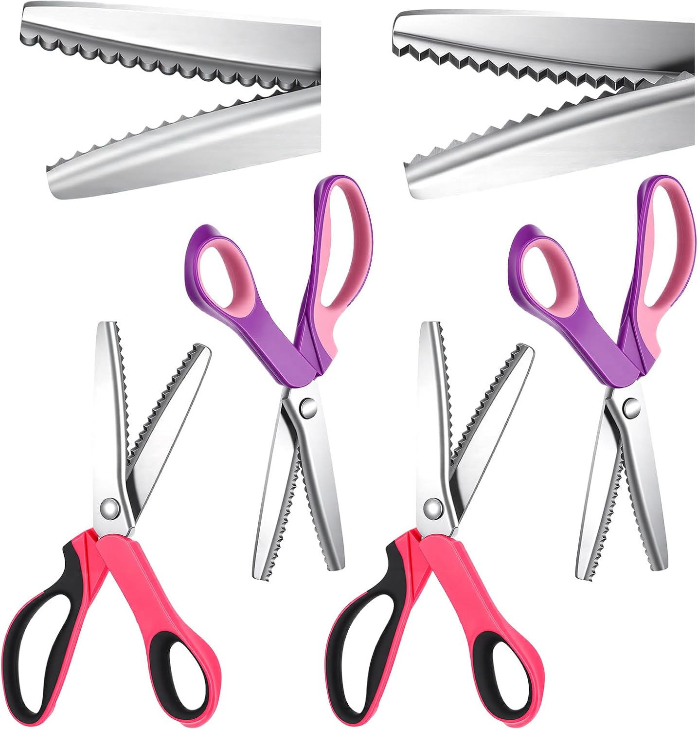 4PCS Pinking Shears Scissors for Fabric, 5mm Scalloped & Zig Zag Sewing Scissors Set, Professional Dressmaking Craft Scissor for Fabric Cutting (Pink Black & Purple Pink Handles)