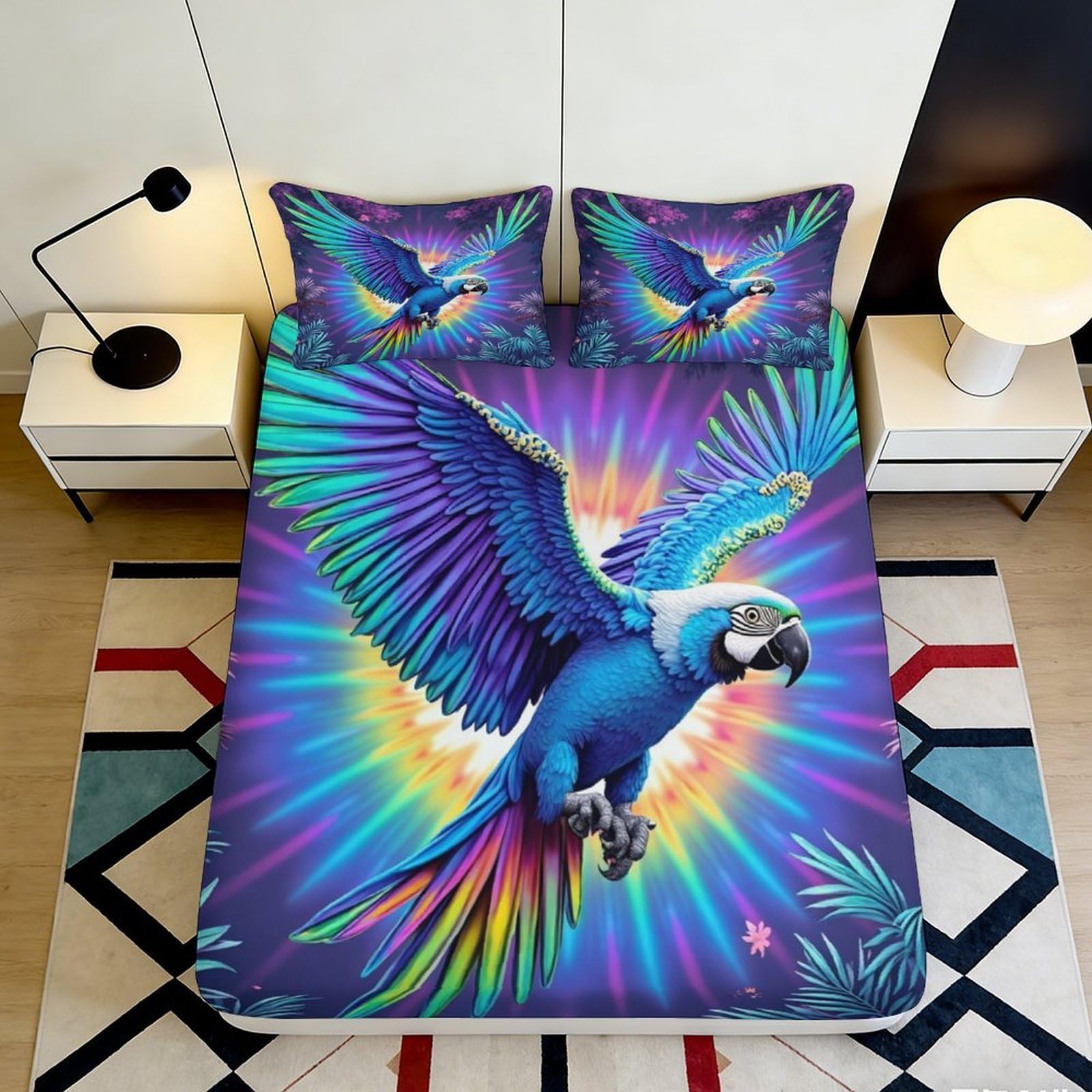 Jqzkxnhpbr Style-5 3D Printed Vibrant Blue Parrot Fitted Sheet Microfiber Colourful Bird Mattress Cover Bedroom Dorm Protective Decor 90X200x25cm