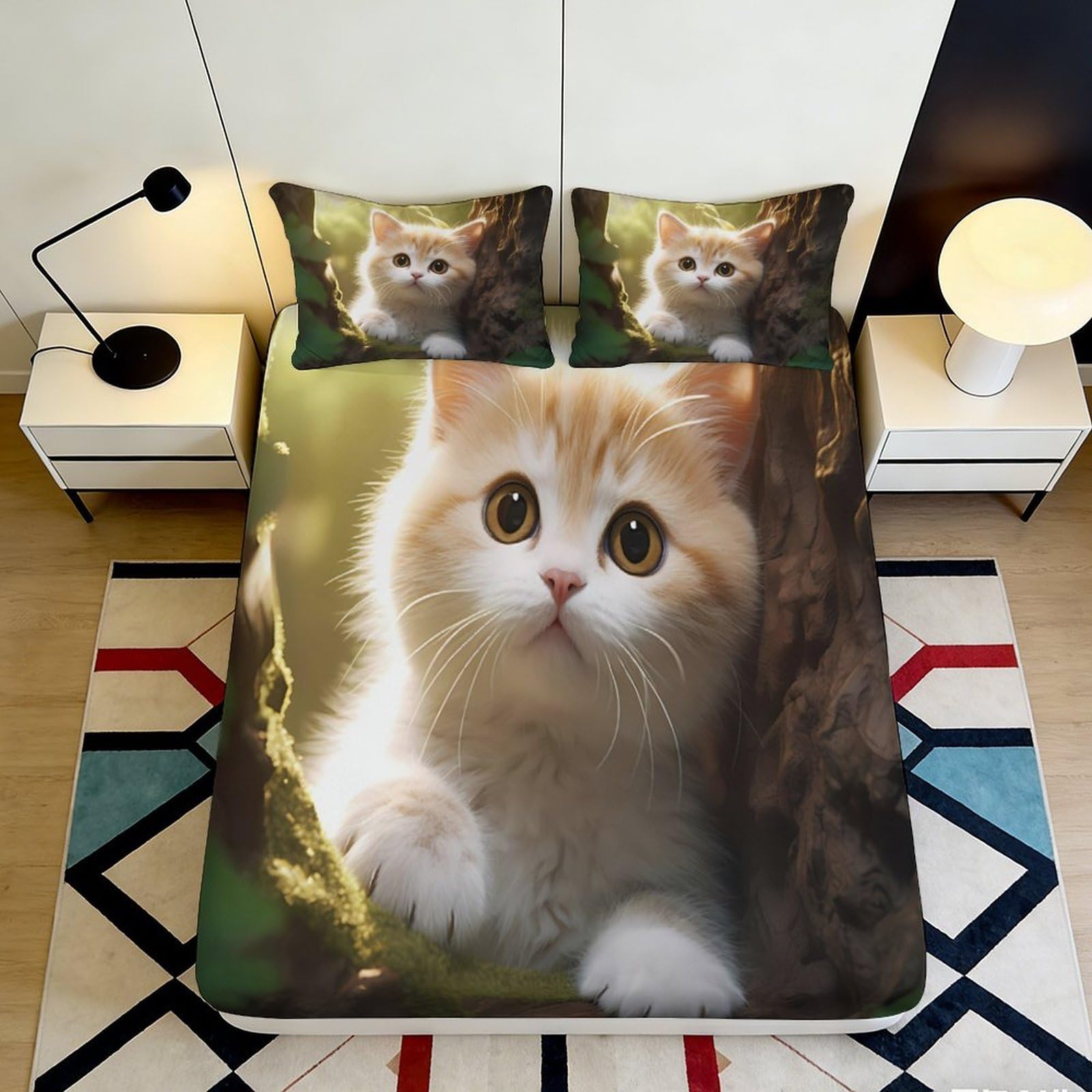 3D Printed Cute Ginger Kitten Fitted Sheet Microfiber Soft Breathable Forest Cat Bed Cover for Bedroom Dorm Mattress Decor 90x200x25cm