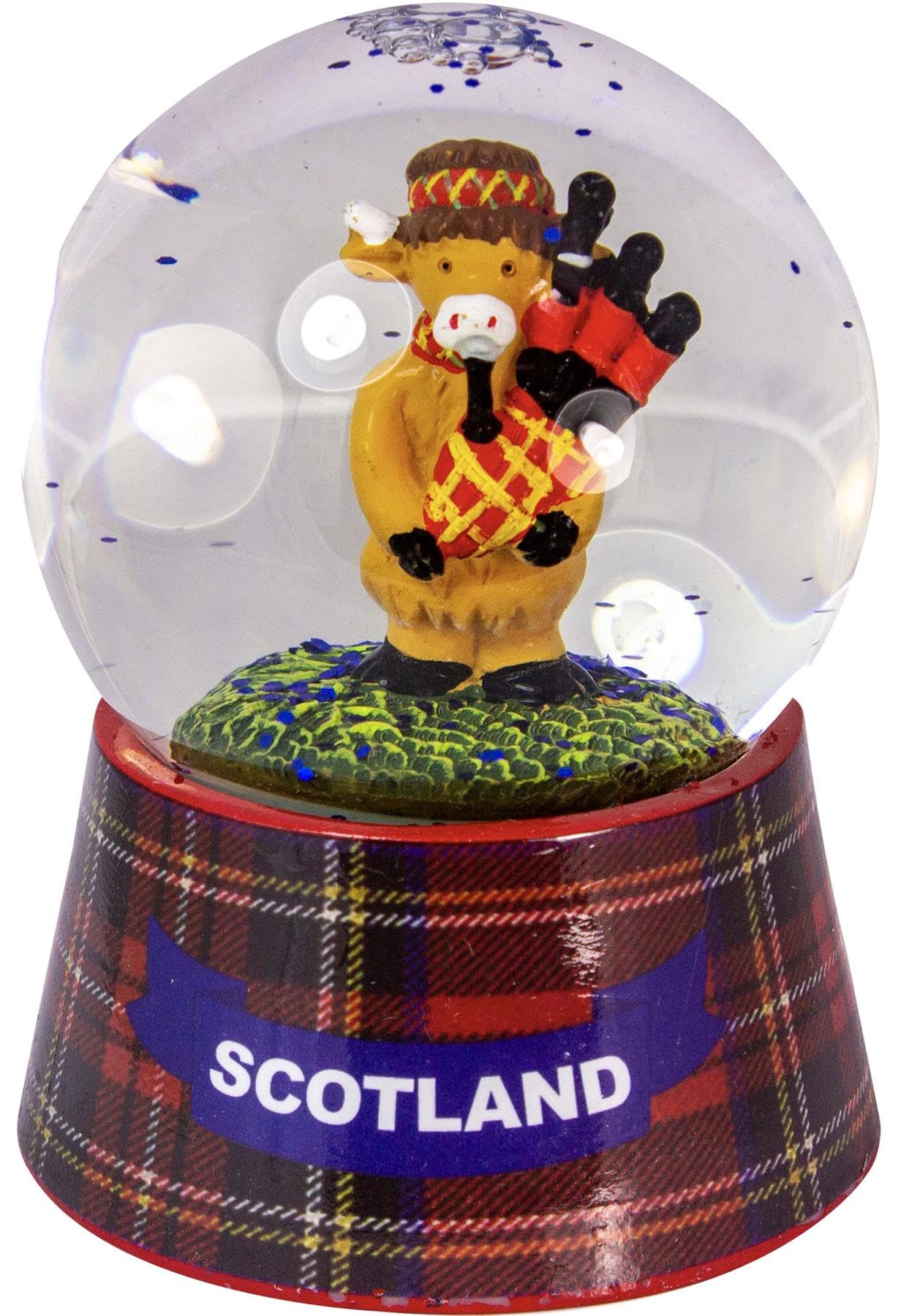 I LUV LTD Scottish Waterball Snow Globe with Highland Cow On Large Tartan Base Design, Resin Figurine and Moulded Base