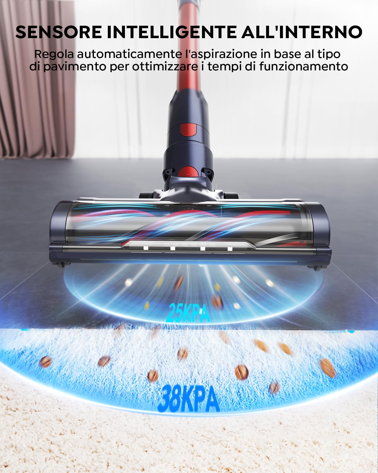 Aspirapolvere Senza Fili 450W/38KPa, 12 Esperienze di Pulizia Scopa Elettrica Senza Fili, Rilevazione Automatica della Polvere, 55Mins Touchscreen Anti-avvolgimento Aspirapolvere Potente