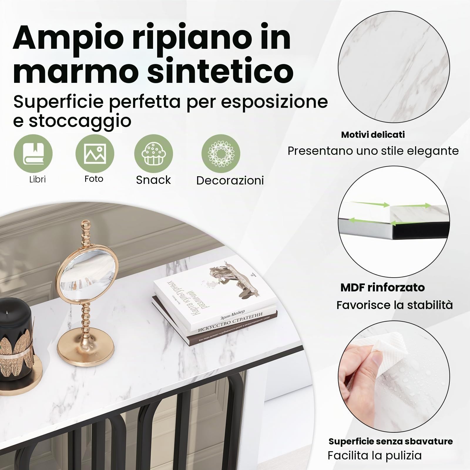 FANTASK Moderno tavolo consolle da ingresso con struttura in metallo, consolle sottile con effetto marmo, per soggiorno, corridoio, camera da letto, ingresso, 100 x 30 x 80 cm (bianco e nero)