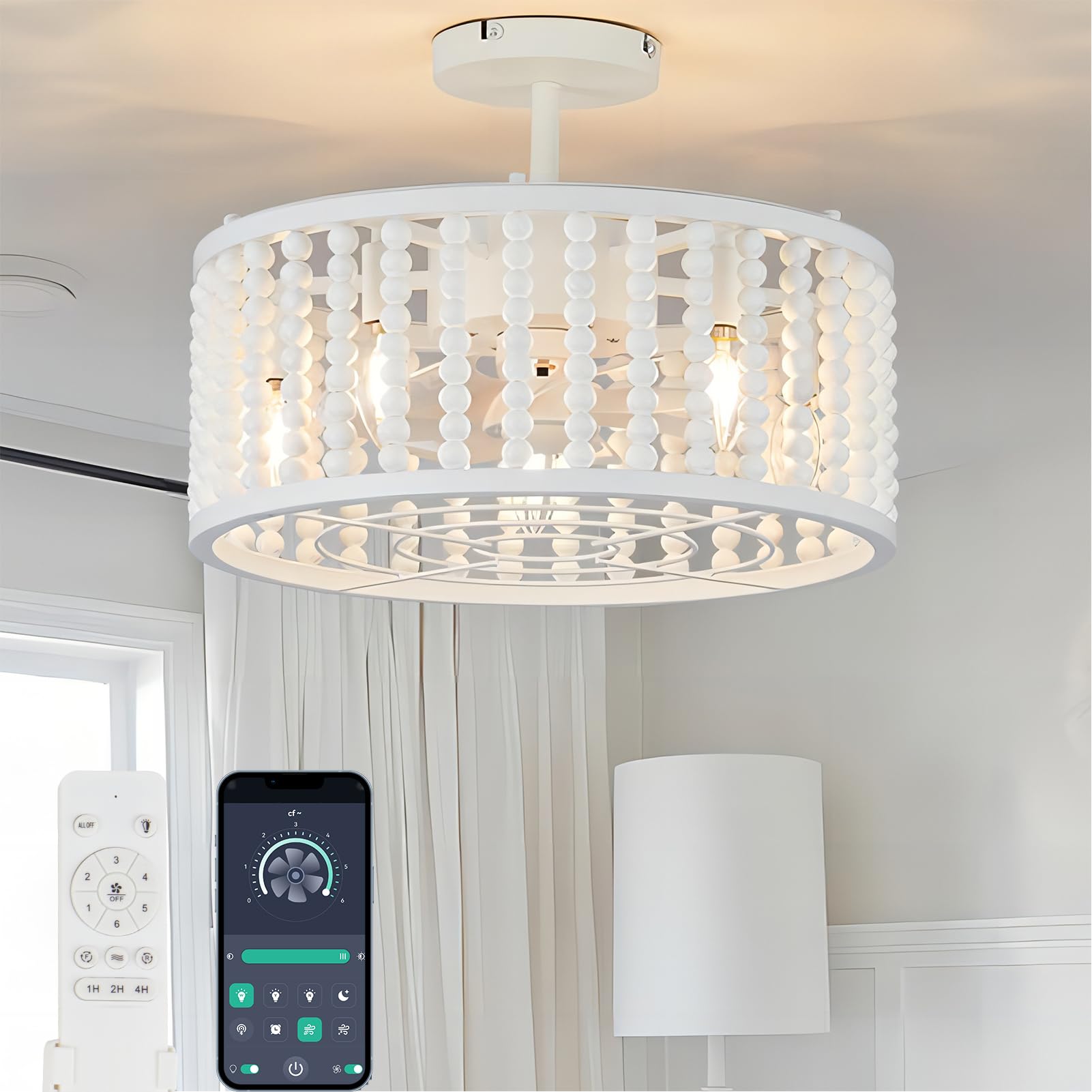 Boho Ceiling Fan with Light and Remote, 18" Bohemian Wood Beads Caged Ceiling Fan Light with 6 Speeds, Reversible, Low Profile Semi Flush Mount Ceiling Fan for Bedroom Nursery Room, White
