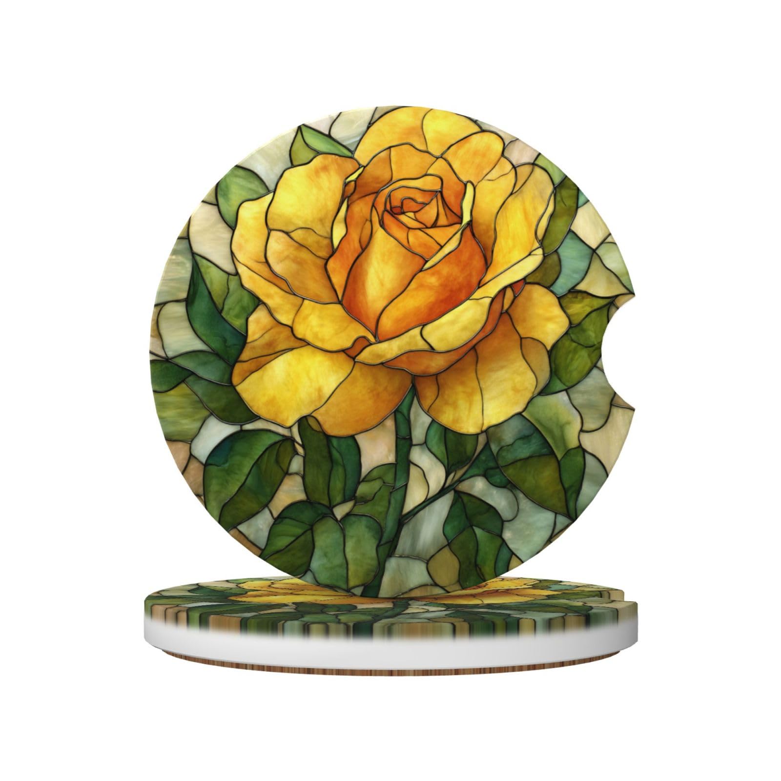 Fresh Yellow Rose with Green Leaves Ceramic Coasters,2pcs