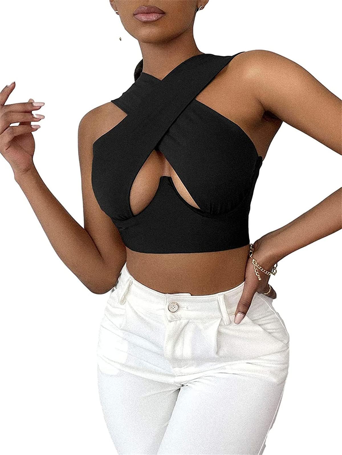 YuemengxuanWomen Sexy Halter Crisscross Tank Crop Top Sleeveless Basic Solid Color Cut Out Cami Vest Summer Camisole Y2k Fashion