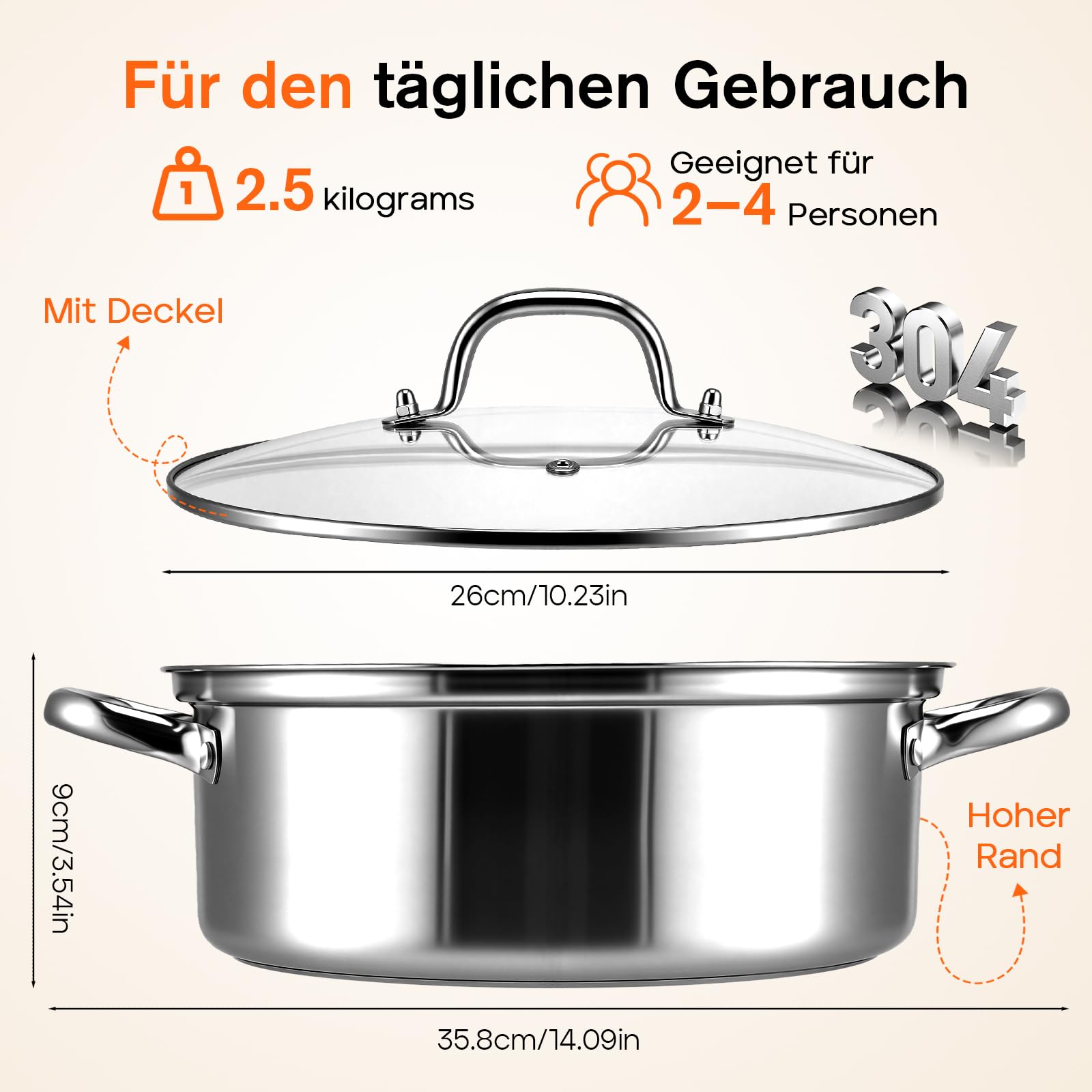 Edelstahl Schmorpfanne,Hohe Edelstahl Servierpfanne unbeschichtet & ohne PTFE/PFOA,Pfanne für alle Herdarten, Servierpfanne geschmackserhaltend, Backofenfest(26CM)