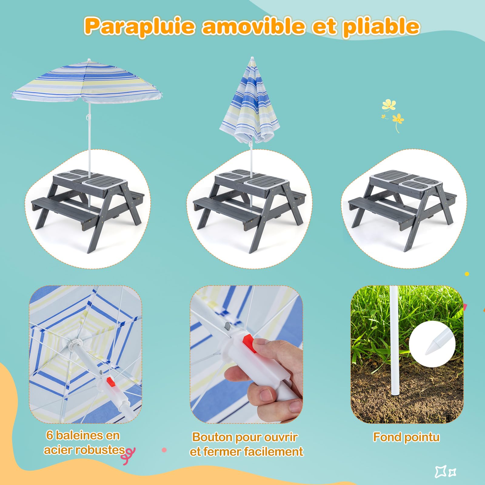 COSTWAY Table de Pique-Nique Enfants avec Parasol Réglable & 3 Bacs Amovible, Table de Jardin Extérieur en Sapin pour Sable et Eau, Charge 100kg pour Enfants de 3 Ans+ pour Jardin Terrasse
