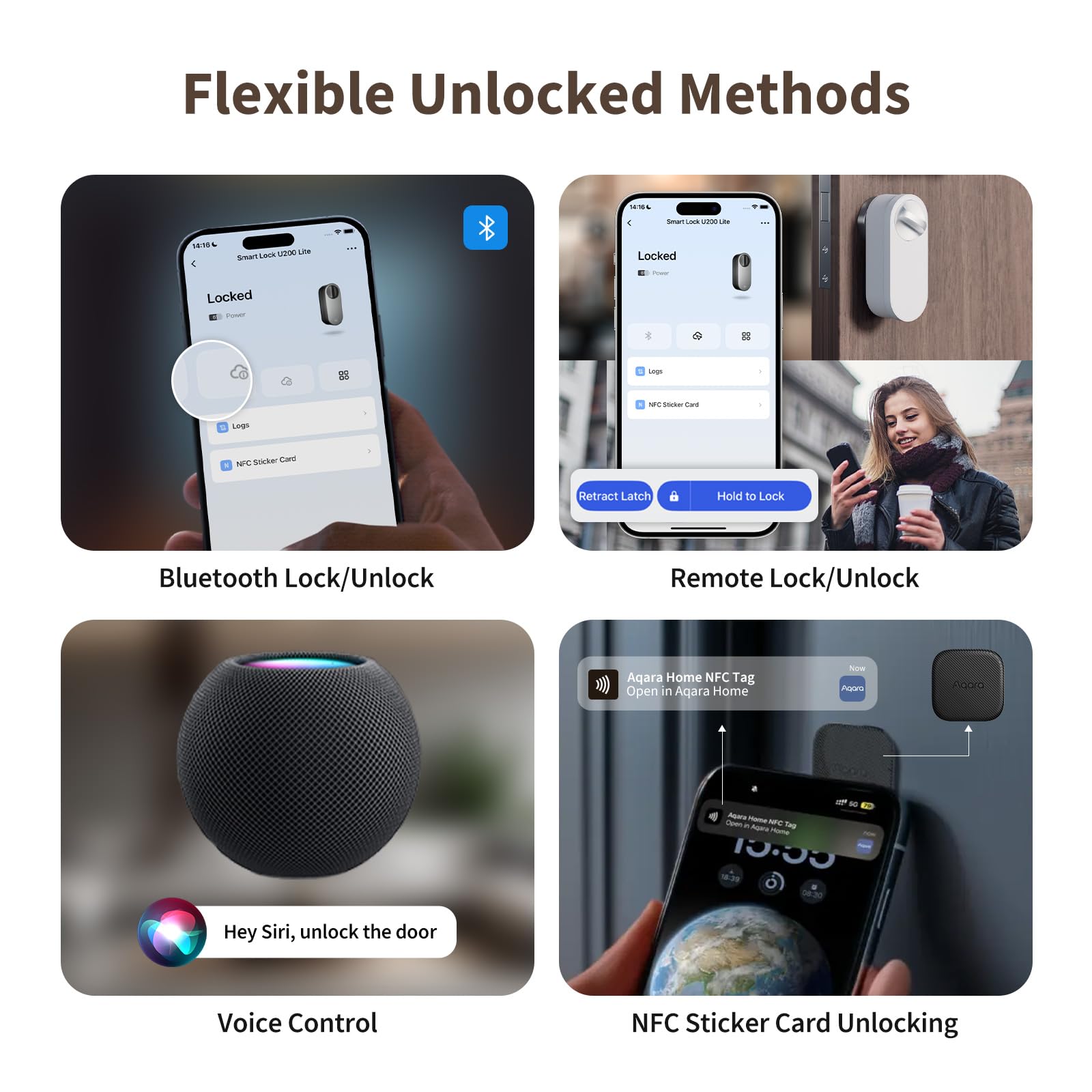 Aqara Cerradura Inteligente U200 Lite, Matter over Thread, Modo Silencioso, Bloqueo Automático, Acceso Remoto, Batería Recargable, Compatible con Apple Home, Alexa, Blanco