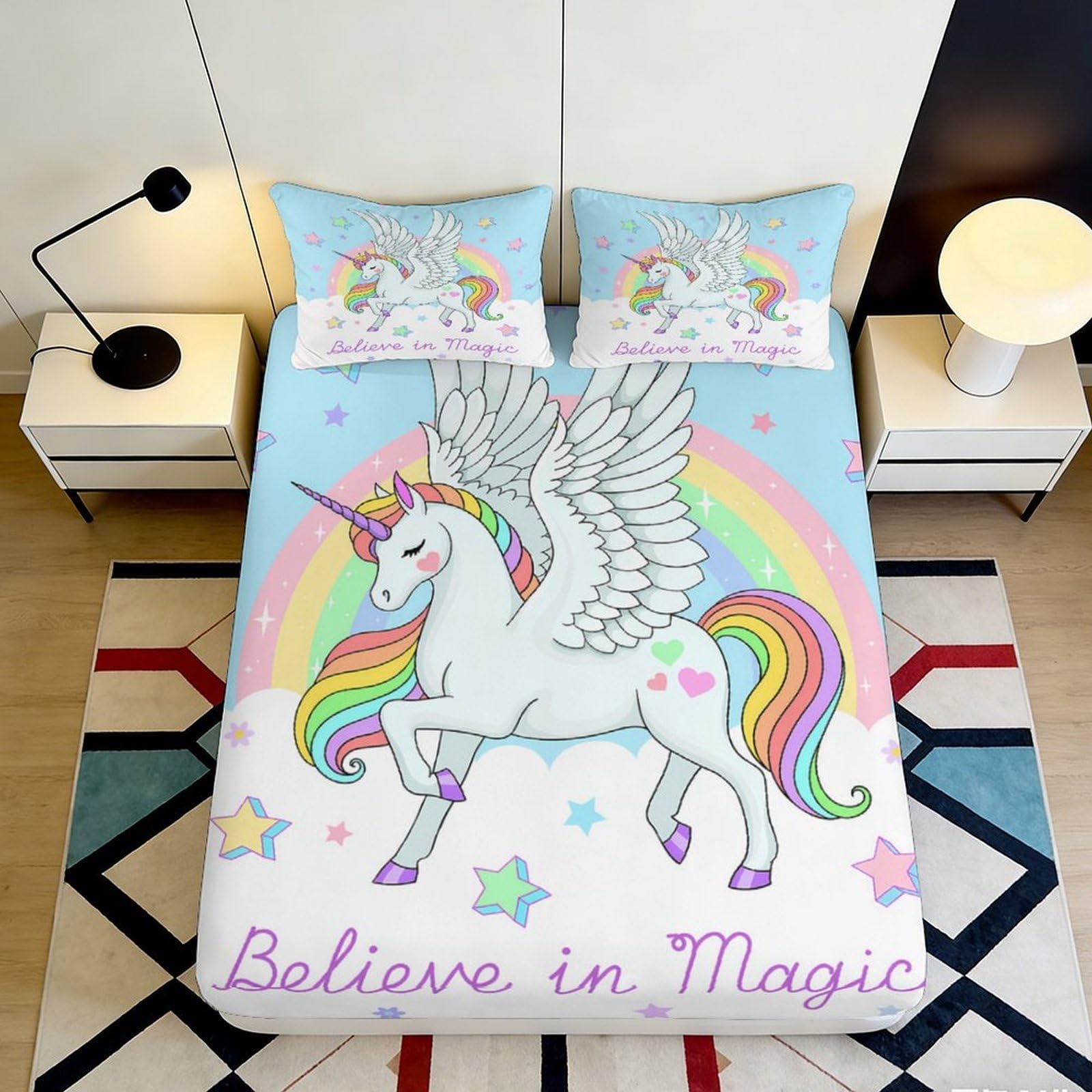 3D Printed Rainbow Unicorn Fitted Sheet Microfiber Soft Pastel Star Mattress Cover for Bedroom Guest Room Decor 90x200x25cm