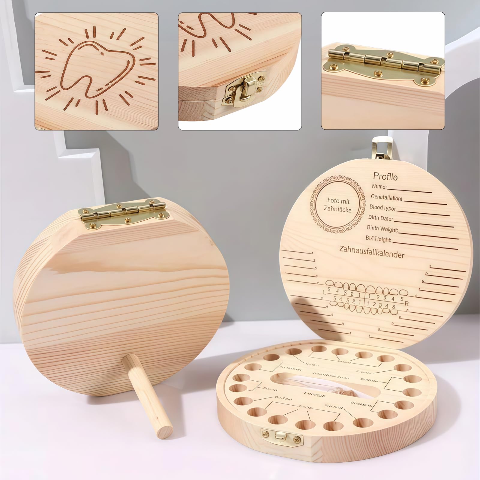Giantree Scatola Portadenti In Legno Di Faggio Per Ragazzi - Intaglio 3D Con Dente - Diametro 5 Cm - Ricordo Fatina - 2