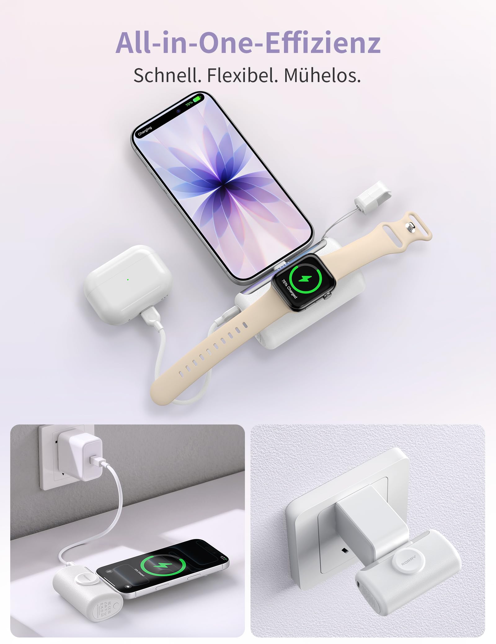 RORRY PalmGo Powerbank,10000mAh Mini Power Bank PD 22.5W Integrierter USB C