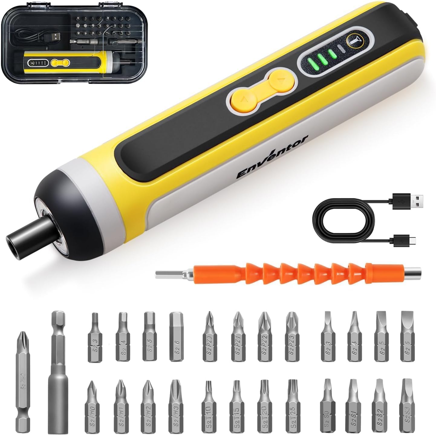 Enventor Cordless Screwdriver Set 4V 6N m Electric Screwdriver 2000mAh with USB Type-C Rechargeable 3 Torque Settings LED