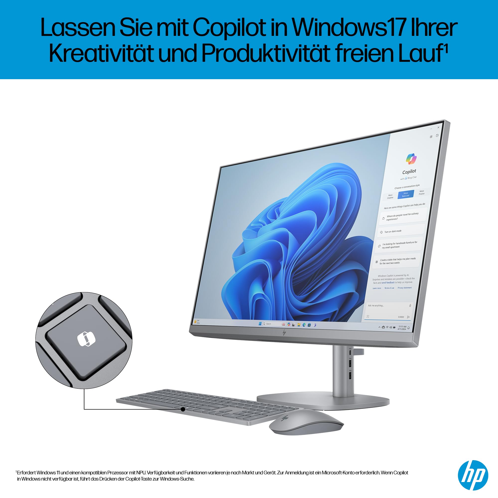 HP OmniStudio X 27-cs0273ng All-in-One KI PC, 27 Zoll Entspiegeltes FHD-Display, Intel Core Ultra 7 155H, 16 GB DDR5-SDRAM, 1 TB SSD, Intel Arc Graphics, Windows 11 Home, QWERTZ Tastatur, Silber