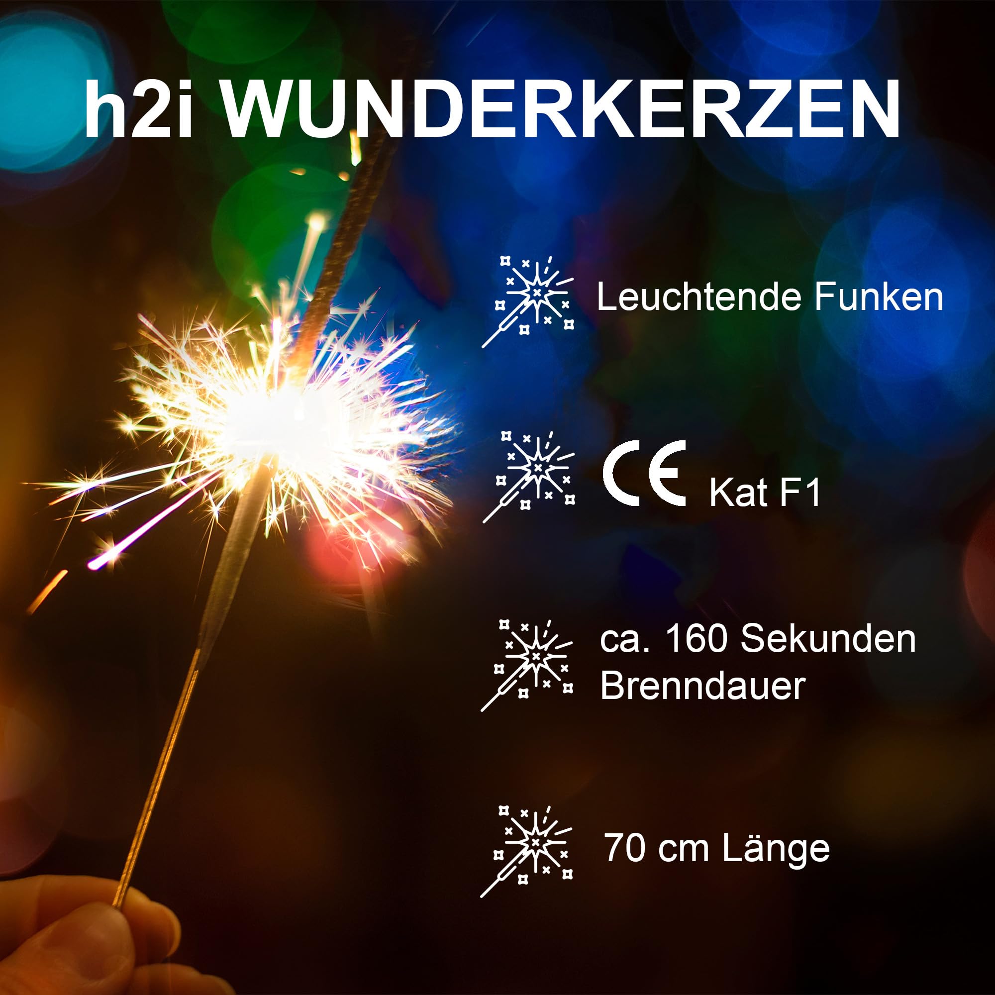 h2i Wunderkerzen | 60 Stück | 70 cm | Brenndauer ca. 160 Sek | Geburtstagskerzen Sprühkerze Spritzkerze Sternenspritzer und Funkenzauber für Party Hochzeit Silvester Geburtstag | b | Kat F1