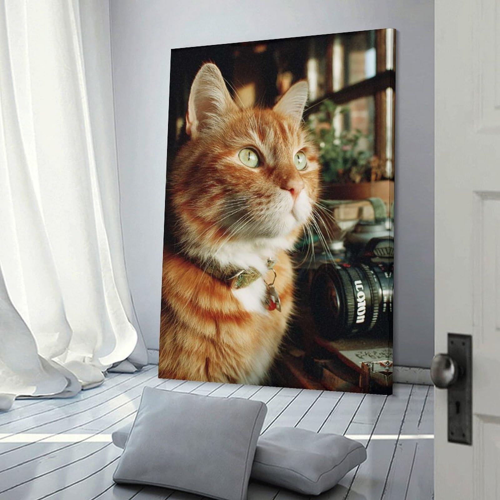 Junmoney Frame-Style-6-2 Home Decor Wall Art Ginger Cat Portrait With Camera, 24X36inch(60X90cm), For New Homes, Bedrooms Or Workspaces, Home Decor Gift With Stylish Appeal