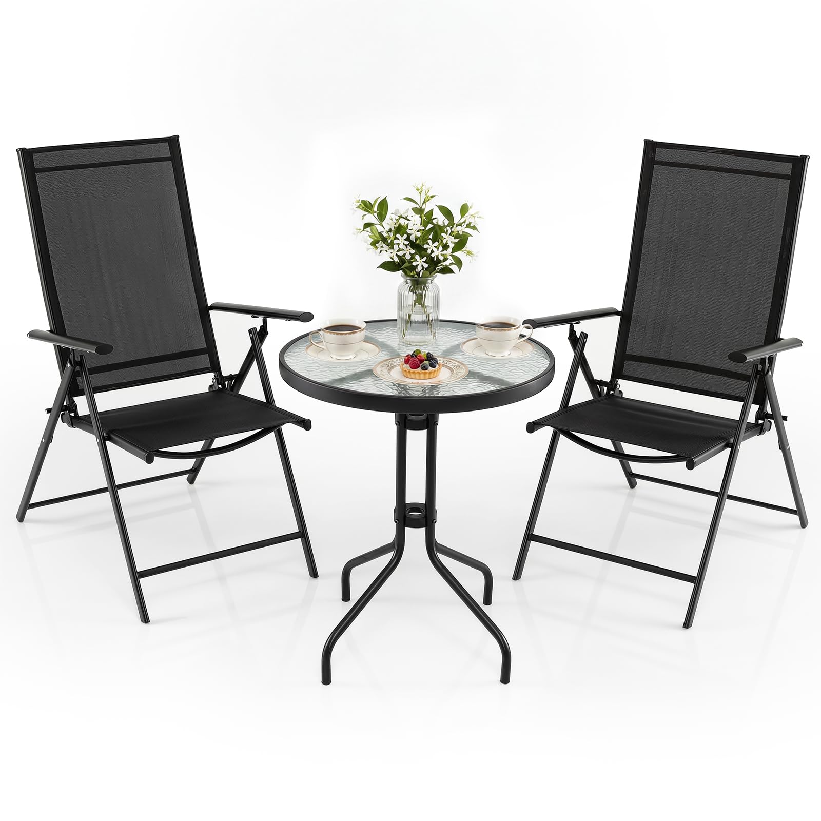 COSTWAY 3 Pieces Patio Bistro Set, Garden Furniture Set with Tempered Glass Table and 2 Folding Chairs, Metal Outdoor Dining Conversation Set for Balcony Yard Poolside (Black Folding Armchair)