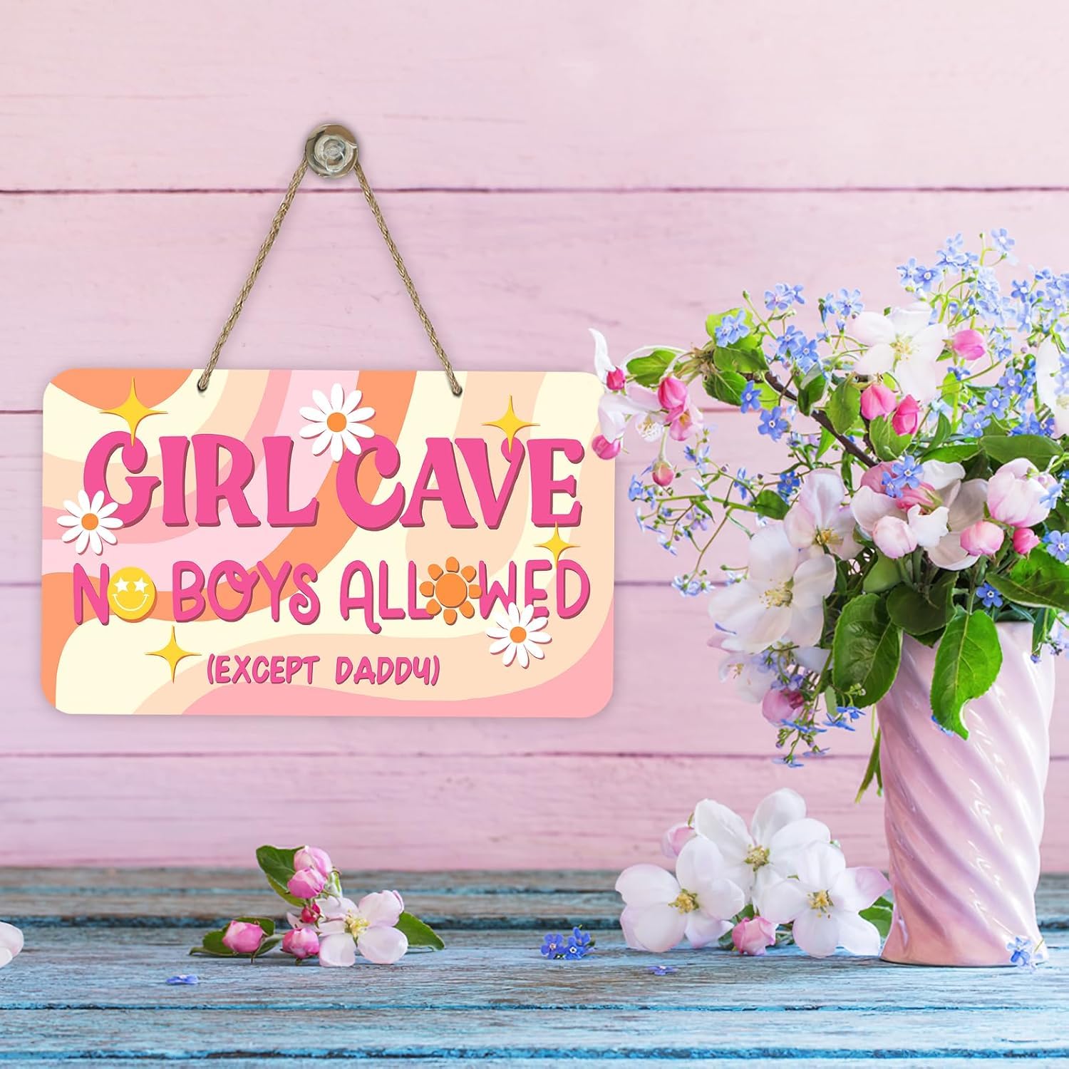Mandala Soul Girl Cave No Boys Allowed Expect Daddy Front Door Sign, Pink Fluid Painting Art Wooden Door Hanger Toddler Baby Nursery Decor, Daisy Wreath Indoor Kid Teen Girl Bedroom Wall Hanging Decoration 1