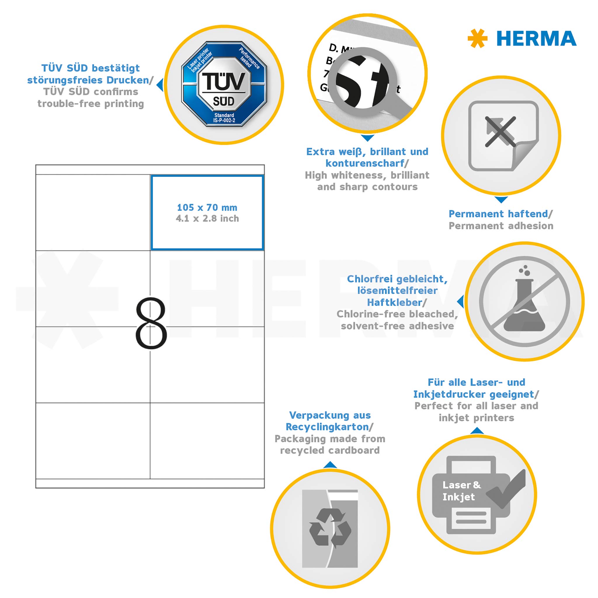 HERMA 4426 Versandetiketten, 100 Blatt, 105 x 70 mm, 8 pro A4 Bogen, 800 Stück, selbstklebend, bedruckbar, matt, blanko Papier Adressetiketten Aufkleber, weiß