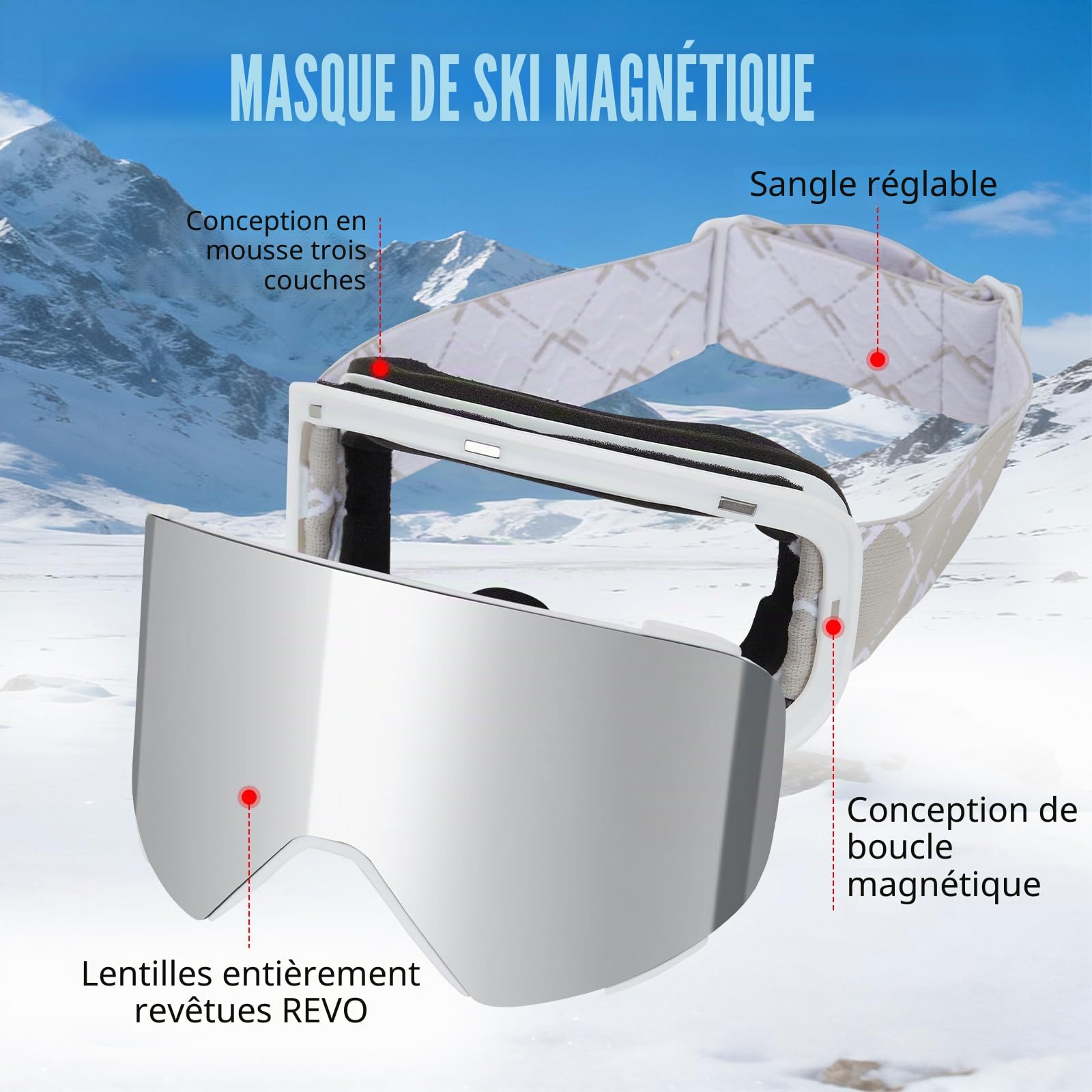 Masque de Ski YH693C avec Magnétique Lentille Interchangeable | Lunettes de Ski OTG pour Unisexes Ajustables Anti-UV Coupe-Vent Anti Buée Lunettes de Snowboard pour Ski