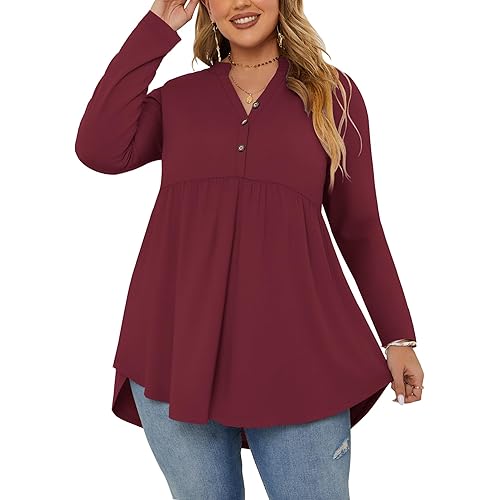 PLOKNRD Women's Plus Size Tops Short Sleeve Henley V Neck Button Up Flowy T Shirts Tunic Loose Blouses
