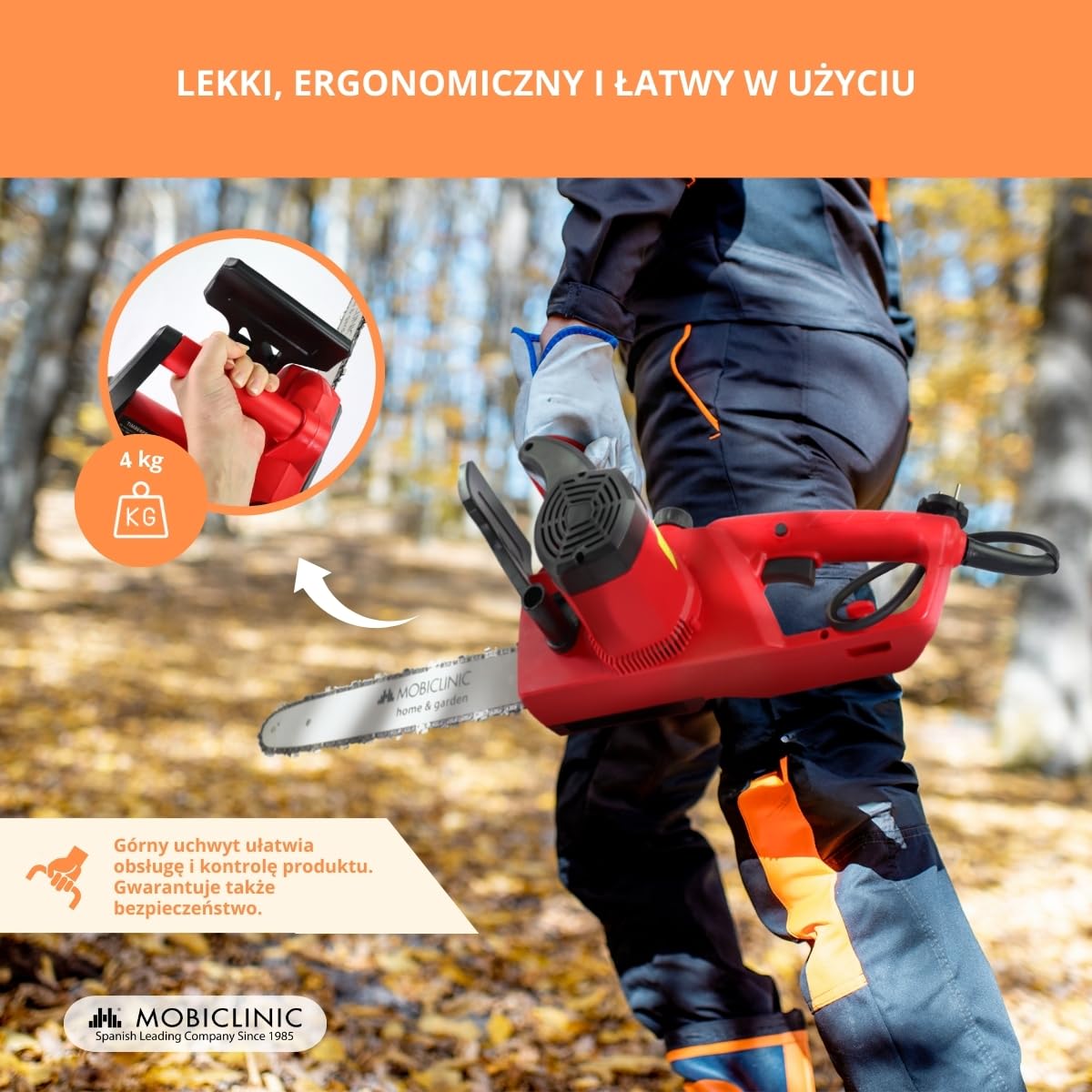 Mobiclinic®, Elektryczna pił łńcuchowa z kablem, 1800 w, Długość cięcia 40 cm, Automatyczne smarowanie, Zawiera etui, Uchwytem, Prędkość 13 m/s, Do 120 ml, Okno kontrolne oleju