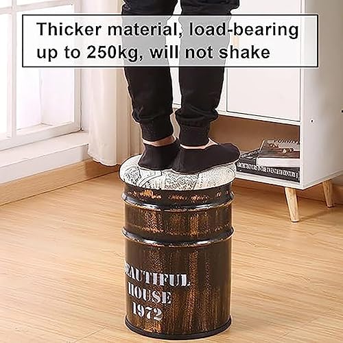 Miniatura 3 de NaKeah Taburete otomano de almacenamiento rústico, taburete de tocador redondo, mesa auxiliar de metal con tapa redonda, taburete acolchado tapizado