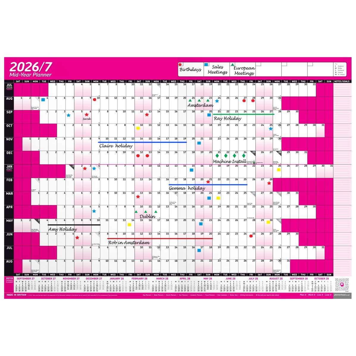 2025/26 Mid Year LAMINATED Academic Yearly Annual Office Home Wall Planner Calendar Chart With Pen And Stickers (Pink, A2+ 43cm x 62cm (Rolled))