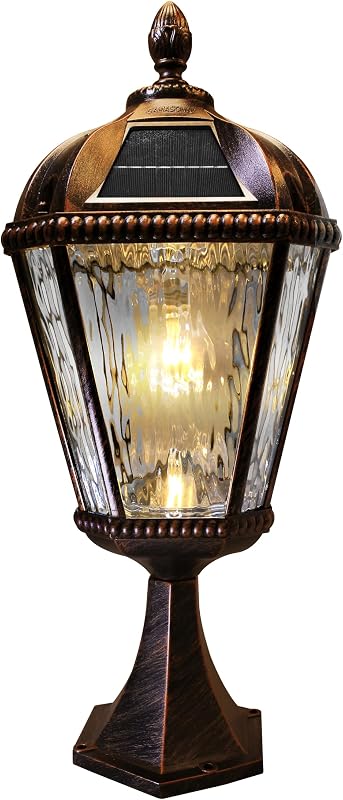 Outdoor Solar Post Light with Pier Base, Brushed Bronze Finish Aluminum and Rain Glass, Royal Bulb 150 Lumens Warm White LED, Mount on Column or Flat Surface 98B111 Upgraded Panel