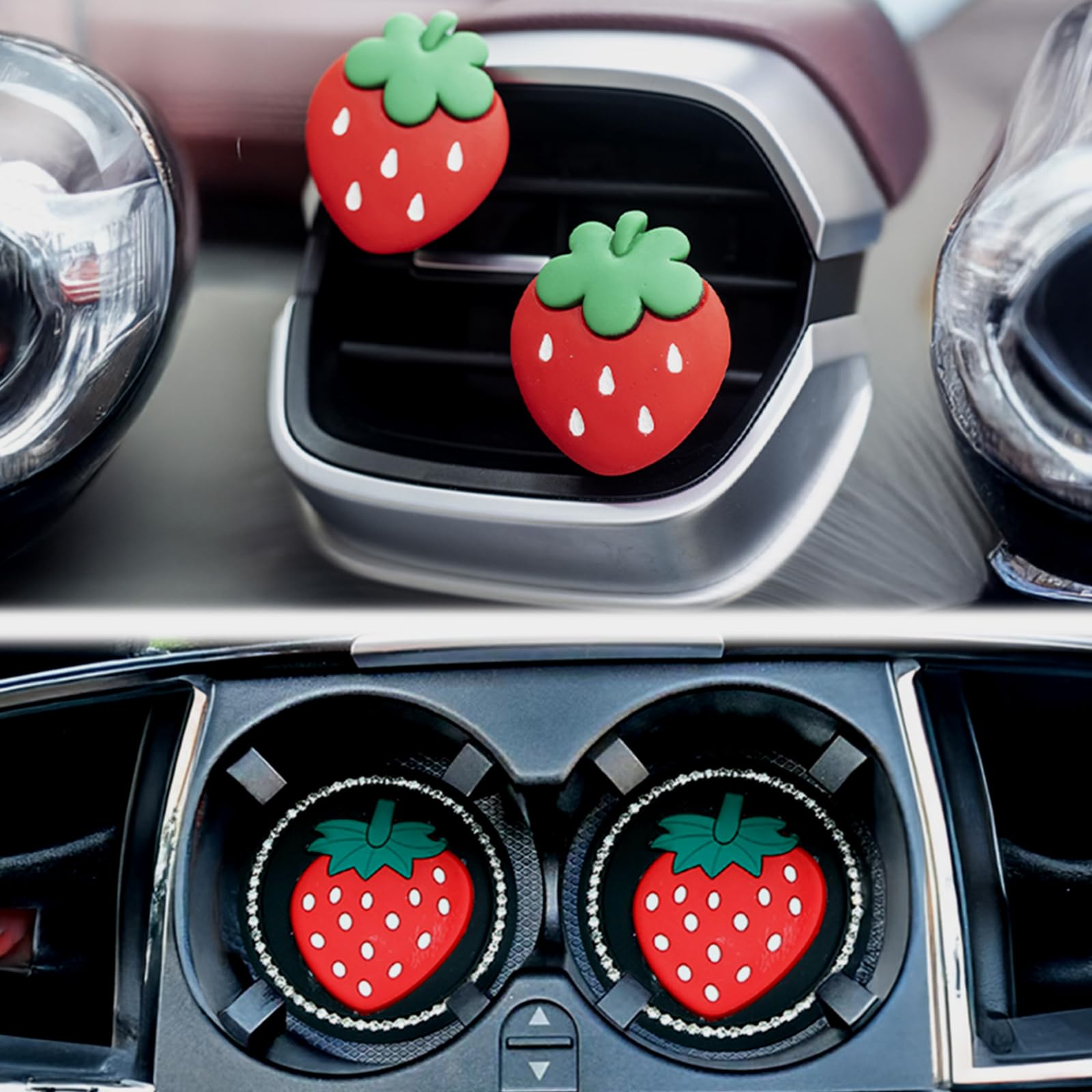 2pcs Strawberry Cup Holders with 2pcs Car Air Freshener Perfume Car Coaster Car Decor Car Accessories for Women (4Pcs Strawberry Set)