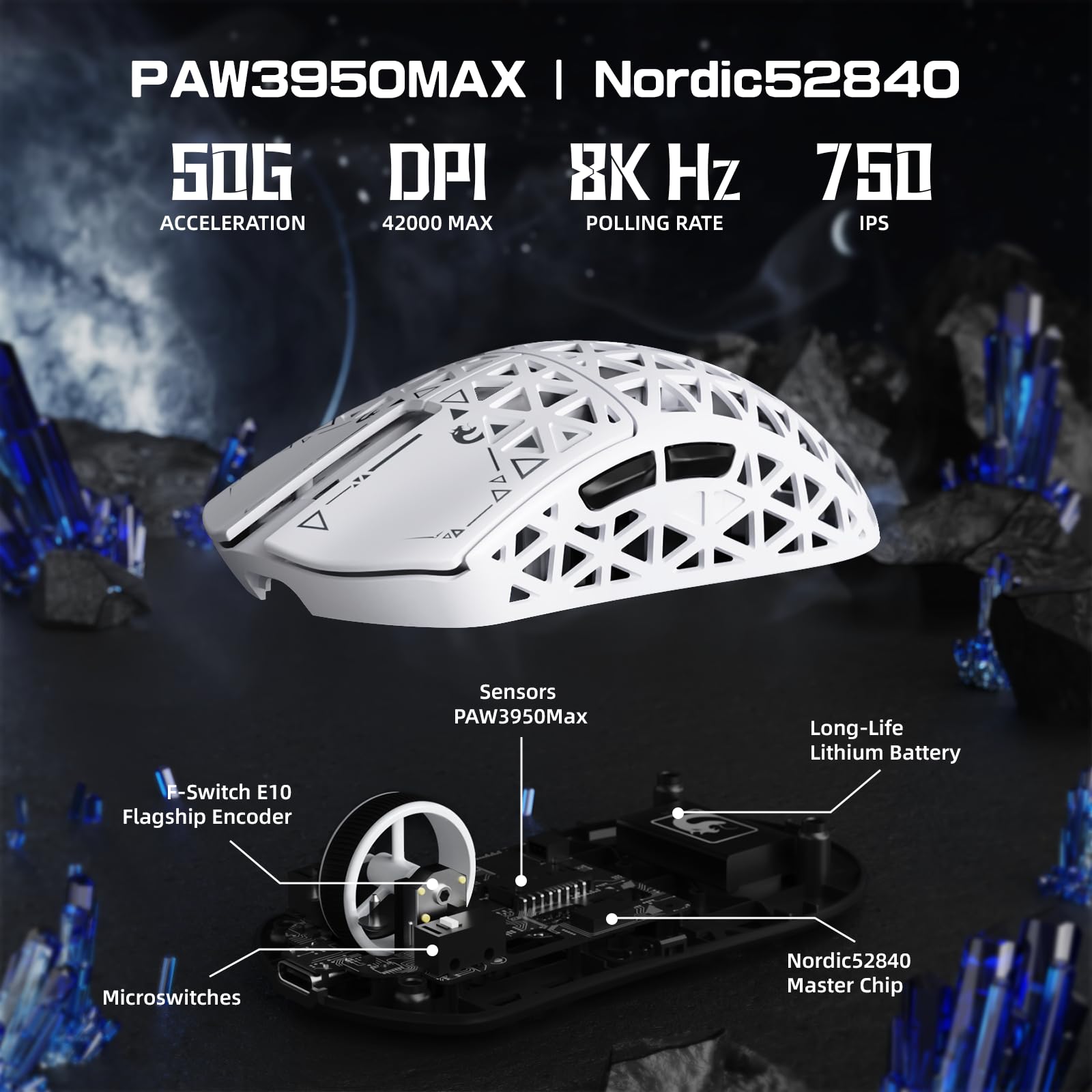 MAMBASNAKE M5 Ultra Carbon Fiber Mysz Bezprzewodowa do Gier 8000Hz z Rozdzielczością do 42000 DPI, Czujnikiem PAW3950MAX, 39g Ultralekka, Układ Nordic 52840, 2,4GHz/BT/Wired, do PC/Xbox/PS/Mac - Biała