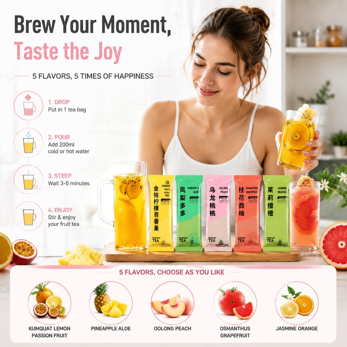 Tè Ai Frutti Liofilizzato Assortito - 5 Gusti Infusione A Freddo Estiva, Bustine Individuali Da 15g Monoporzione（10pcs）